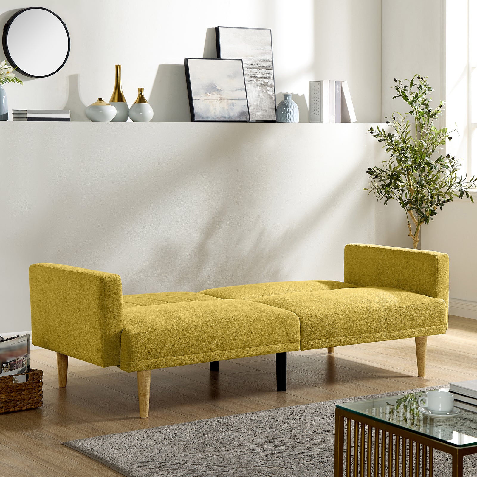 Multi Functional Futon Sofa Bed :Tapered Wood Legs Ideal For Small Living Rooms Multi Color Fabric Options Easily Converts To Single Bed, Yellow Yellow Velvet Wood Primary Living Space Medium Soft Mid Century Modern Square Arms Memory Foam Snowflake
