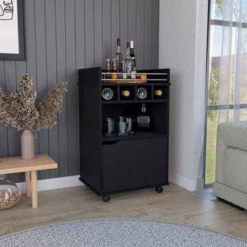 Phoenix Bar Cart With 2 Open Shelves 4 Cubbies And Cabinet Freestanding 1 2 Spaces Black Shelves Included Modern Mdf Engineered Wood