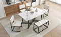 Modern Faux Marble 6 Piece Dining Table Set,60Inch Metal Kitchen Table Set With Upholstered Dining Chairs And Bench, Black Metal Dining Room Bench Seating Rectangular Dining Table With Chair And Bench Metal Wood Black Seats 6 60 Inches Farmhouse Trestle