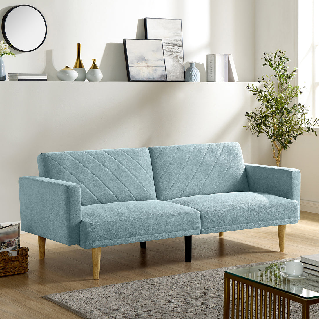 Multi Functional Futon Sofa Bed :Tapered Wood Legs Ideal For Small Living Rooms Multi Color Fabric Options Easily Converts To Single Bed ,Blue Blue Velvet Wood Primary Living Space Medium Soft Mid Century Modern Square Arms Memory Foam Snowflake Velvet