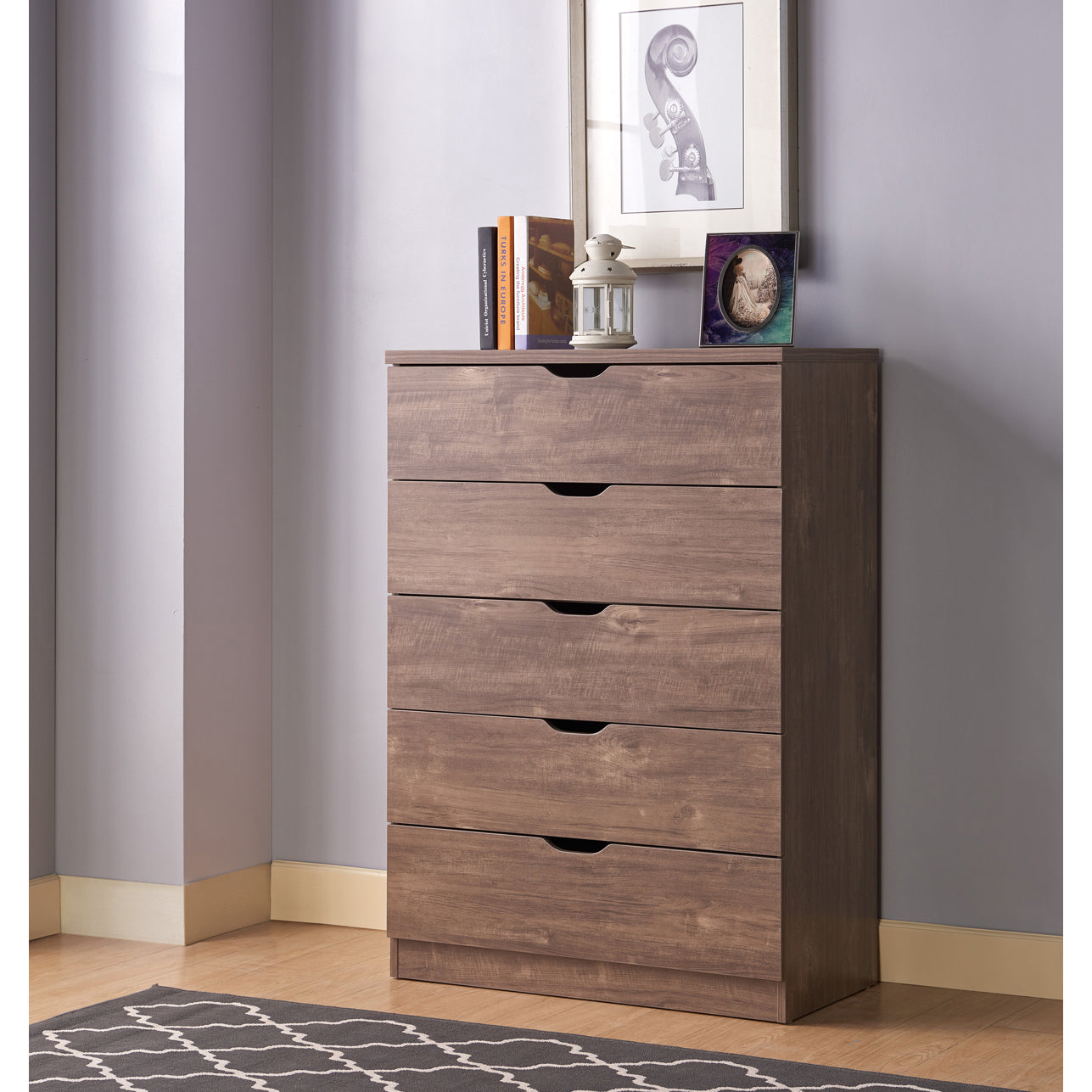 Modern Five Drawer Clothes And Storage Chest Cabinet With Cutout Handles In Hazelnut Color Brown Particle Board Mdf