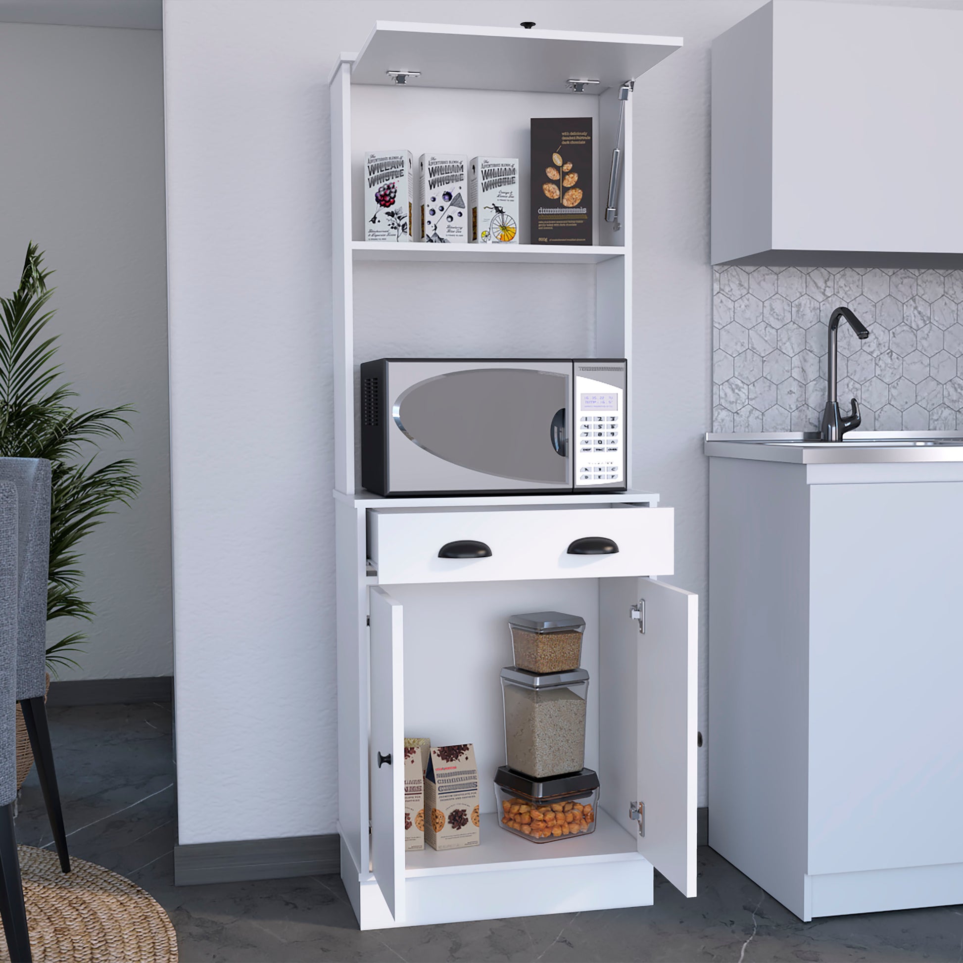 Tampa Kitchen Pantry With Drawer And 2 Cabinets White Kitchen Modern Mdf Shelves Included Engineered Wood