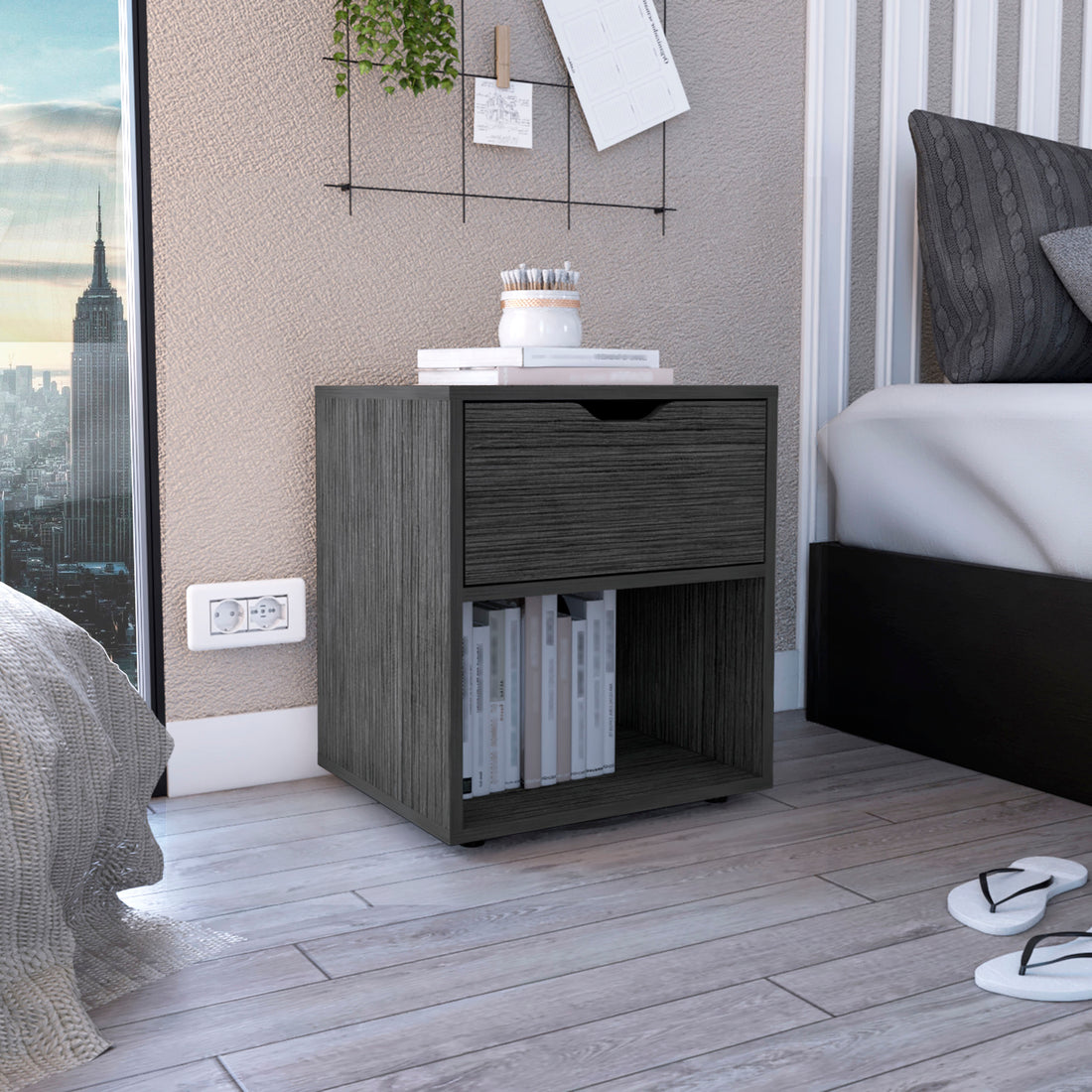 Aberdeeen 19.7 Inch High Nightstand End Table With Open Shelf Light Gray Gray 1 Drawer Bedroom Rectangle Modern Drawers Natural Mdf Engineered Wood