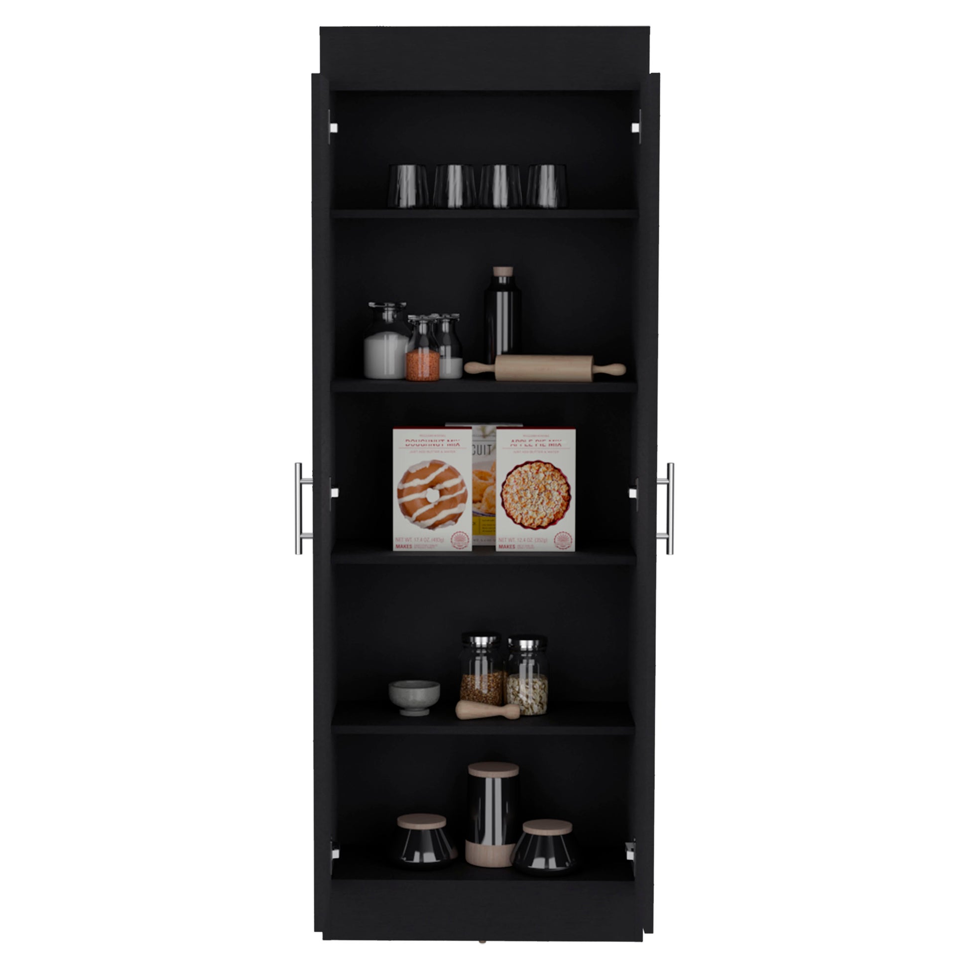 Nepal Pantry Cabinet, Space Efficient 2 Door Design With Multiple Shelves Black Modern Mdf Engineered Wood