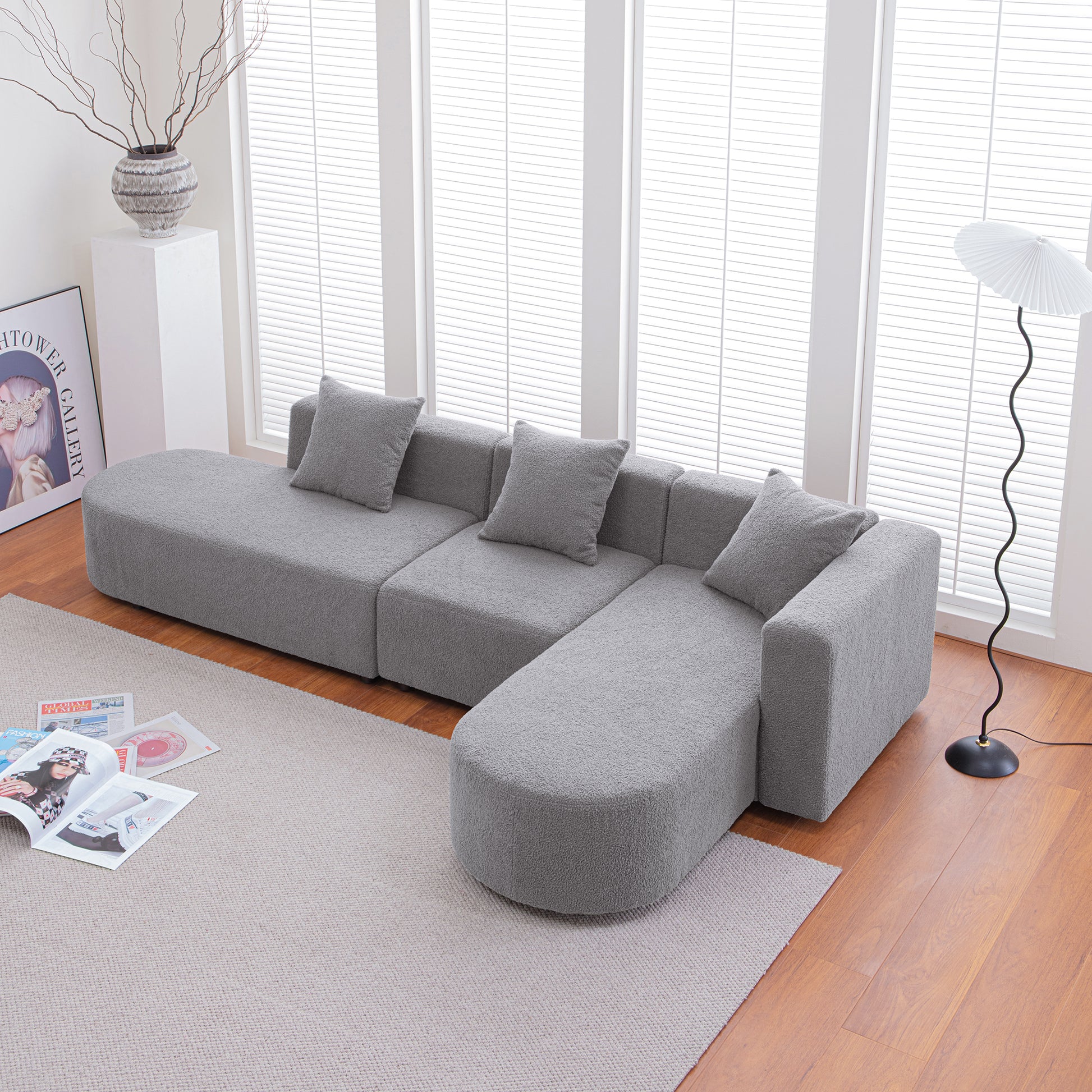 Modern L Shape Boucle Sofa With Curved Seat Facing Right Gray Modern Boucle