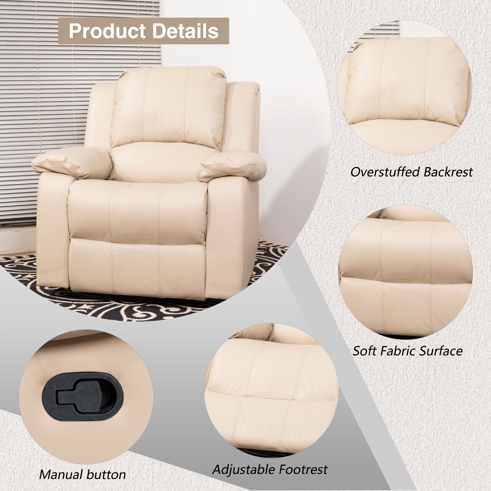 Swivel and Glider Recliner Chair beige-faux leather-manual-push