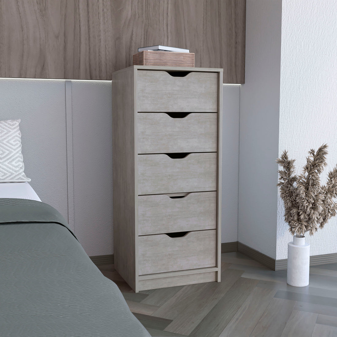 Basilea 5 Drawers Tall Dresser, Pull Out System Grey Bedroom Modern Mdf Engineered Wood