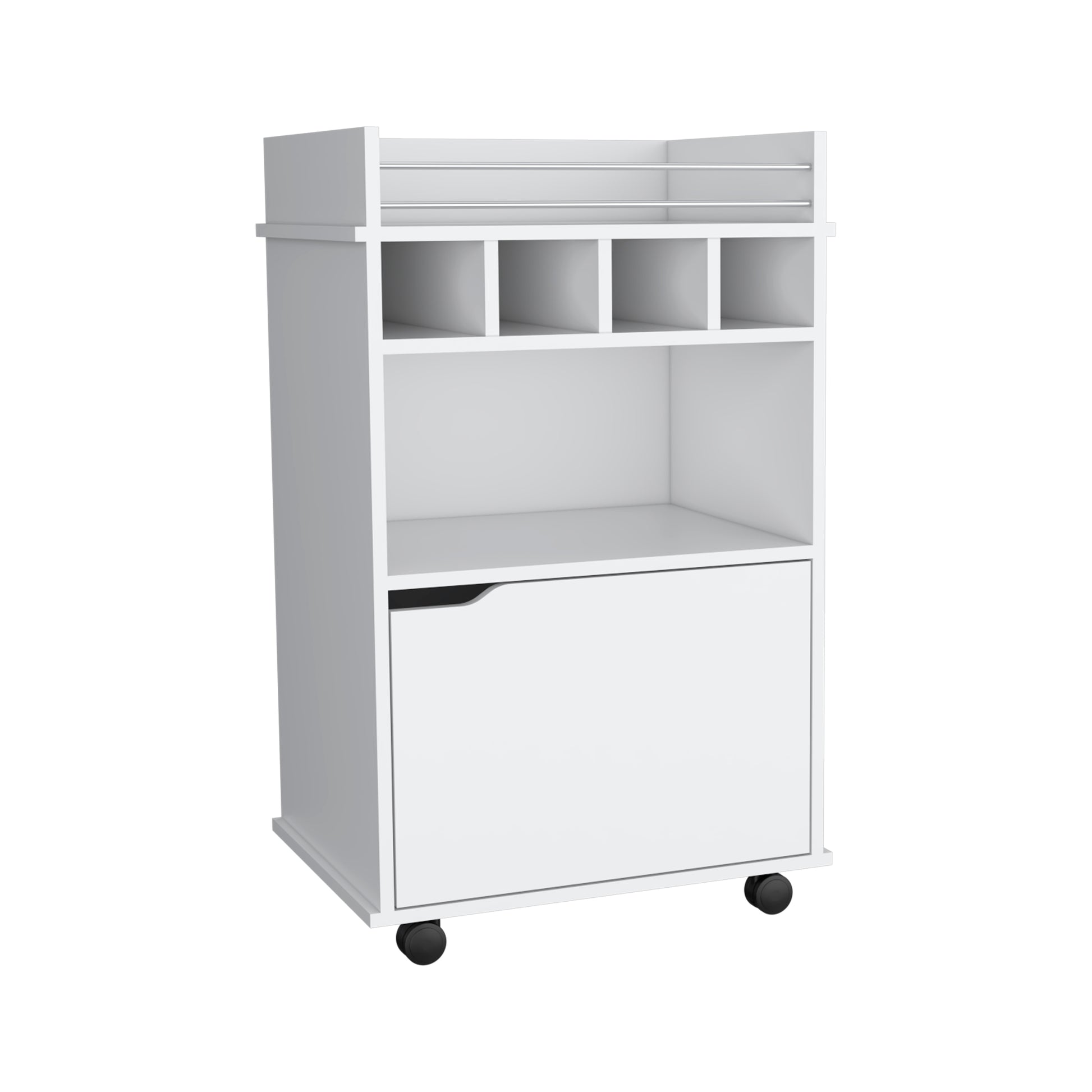 Phoenix Bar Cart With 2 Open Shelves 4 Cubbies And Cabinet White Primary Living Space Modern Mdf Engineered Wood