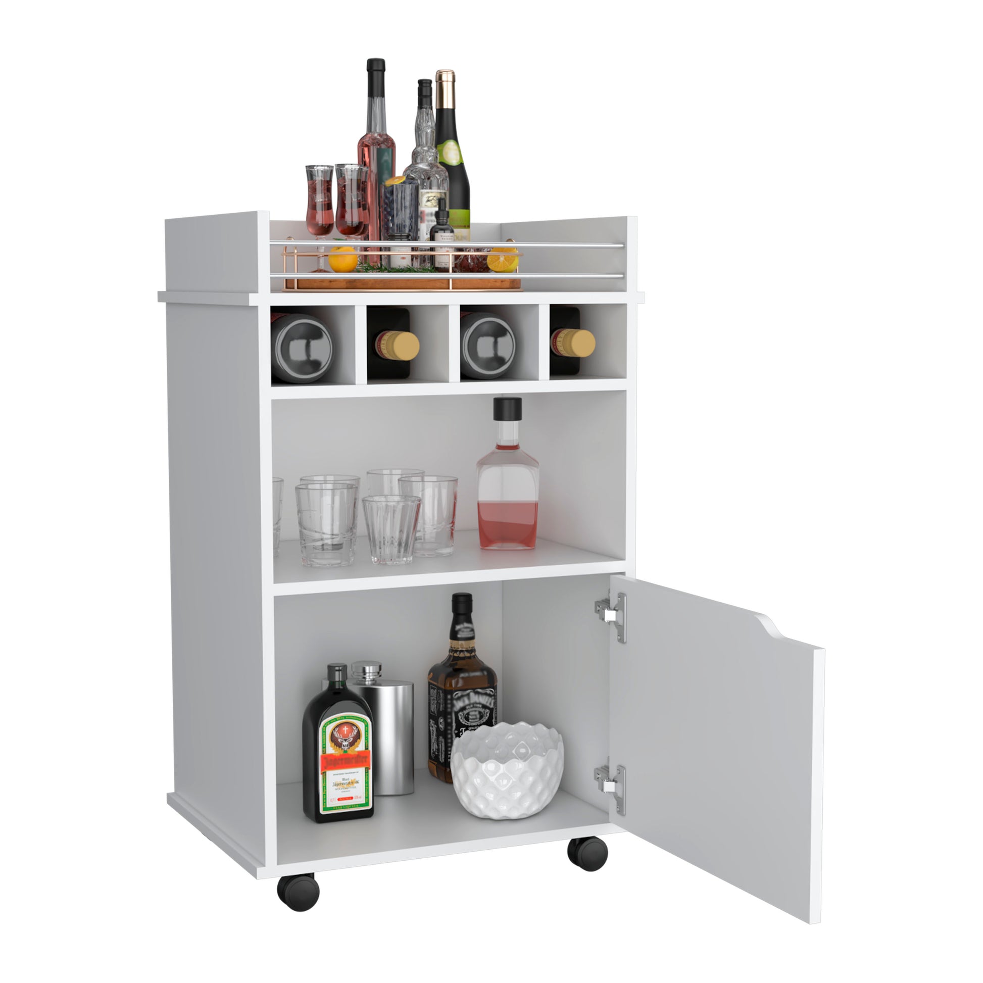 Phoenix Bar Cart With 2 Open Shelves 4 Cubbies And Cabinet White Primary Living Space Modern Mdf Engineered Wood