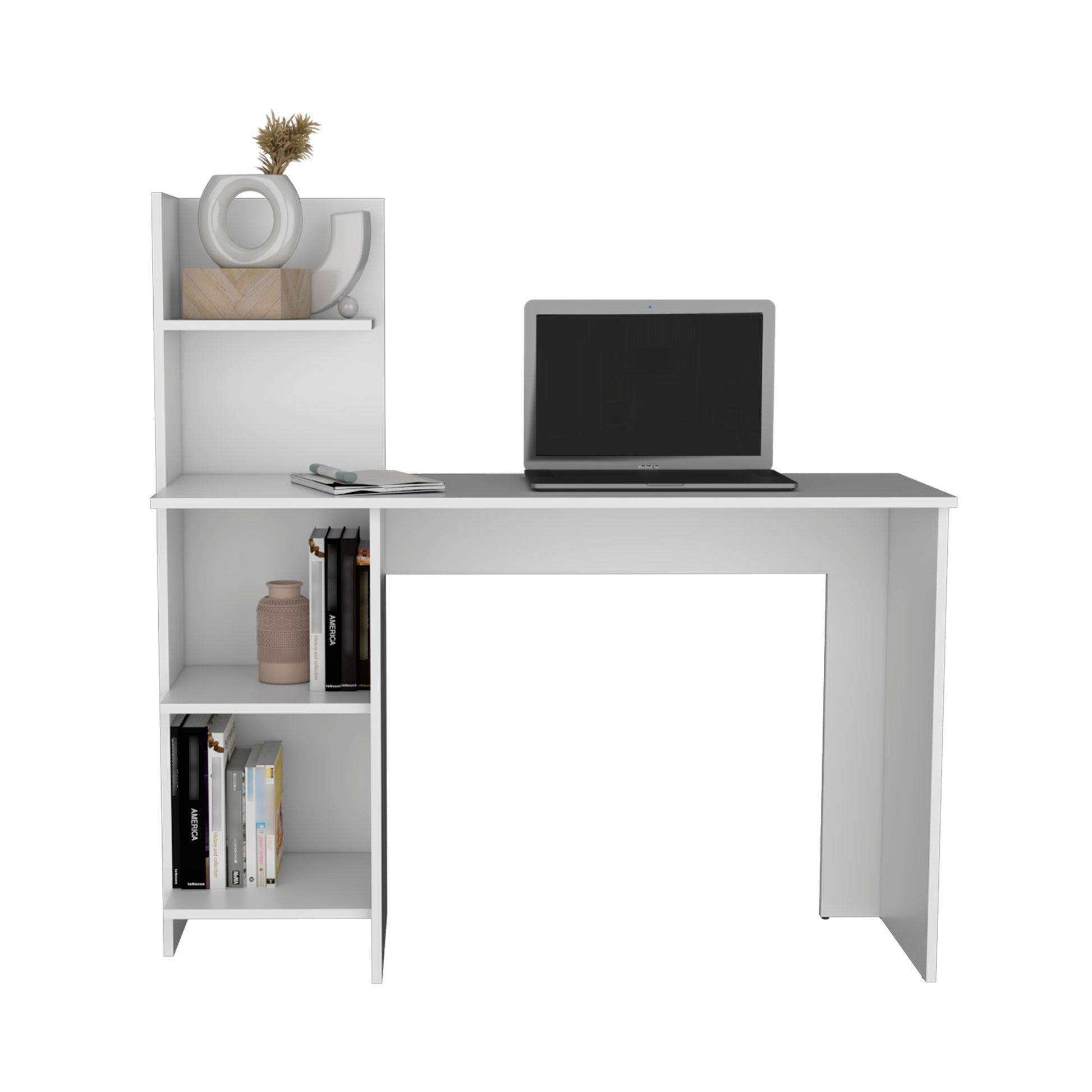 Vilna 120 Writing Deskfour Shelves White Computer Desk Office Modern Freestanding Rectangular Mdf Engineered Wood