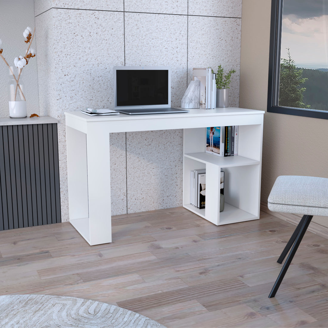 Astana Writing Desk, Two Shelves White Computer Desk Office Modern Rectangular Shelves Desk Rectangular Mdf Engineered Wood