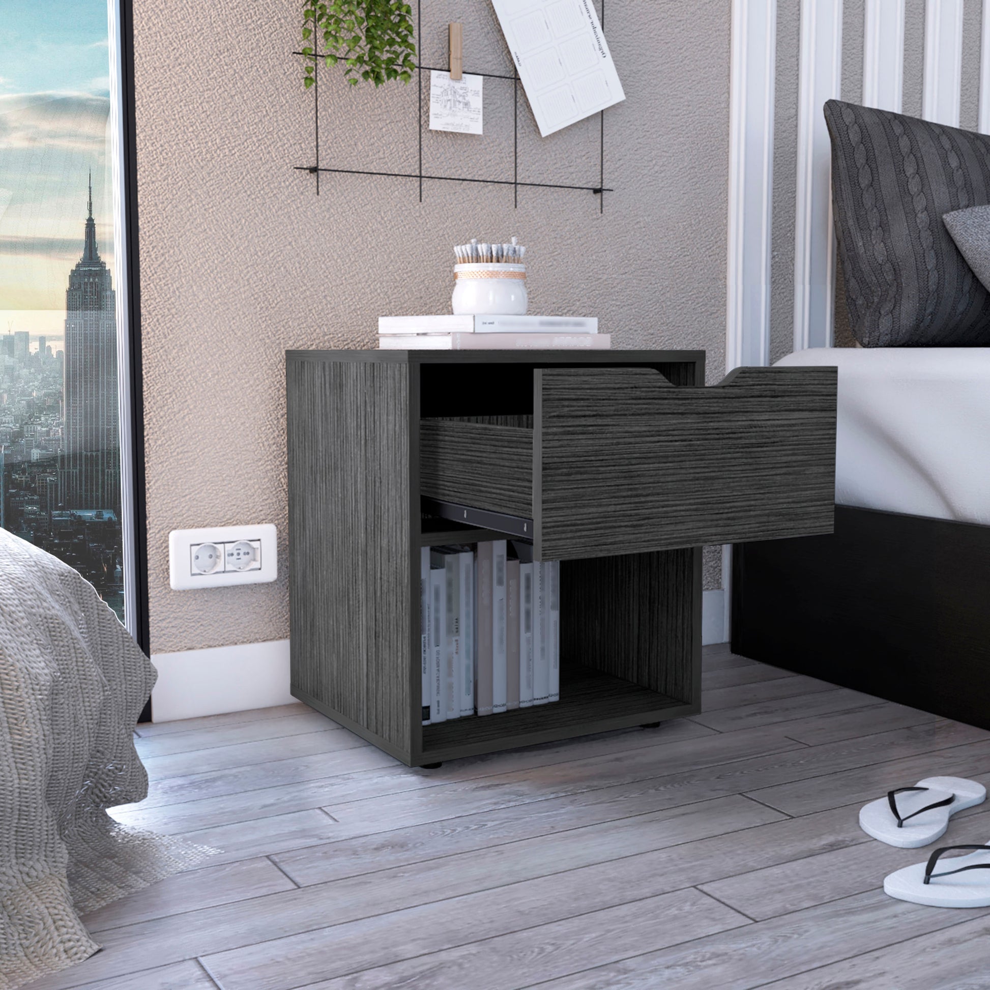 Aberdeeen 19.7 Inch High Nightstand End Table With Open Shelf Light Gray Gray 1 Drawer Bedroom Rectangle Modern Drawers Natural Mdf Engineered Wood