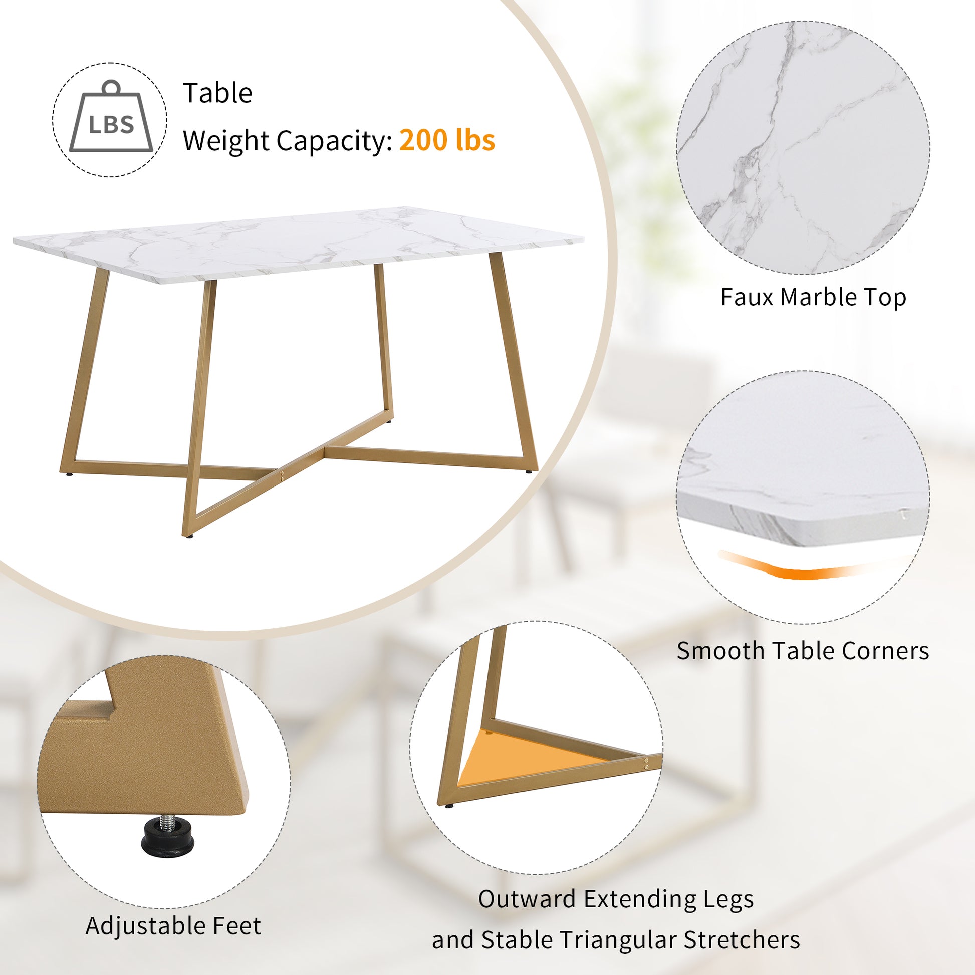 Modern Faux Marble 6 Piece Dining Table Set,60Inch Metal Kitchen Table Set With Upholstered Dining Chairs And Bench, Golden Metal Dining Room Bench Seating Rectangular Dining Table With Chair And Bench Metal Wood Golden Seats 6 60 Inches Farmhouse