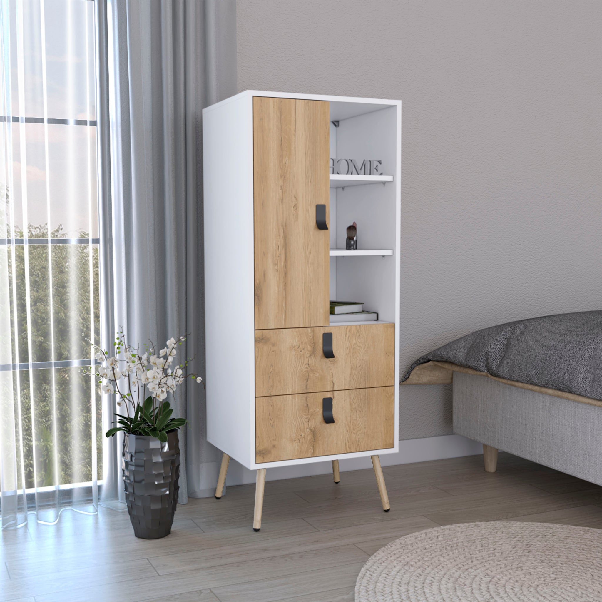 Huna Tall Dresser, Unit With Door, 2 Drawers, And Open Shelves Multicolor Bedroom Modern Mdf Engineered Wood