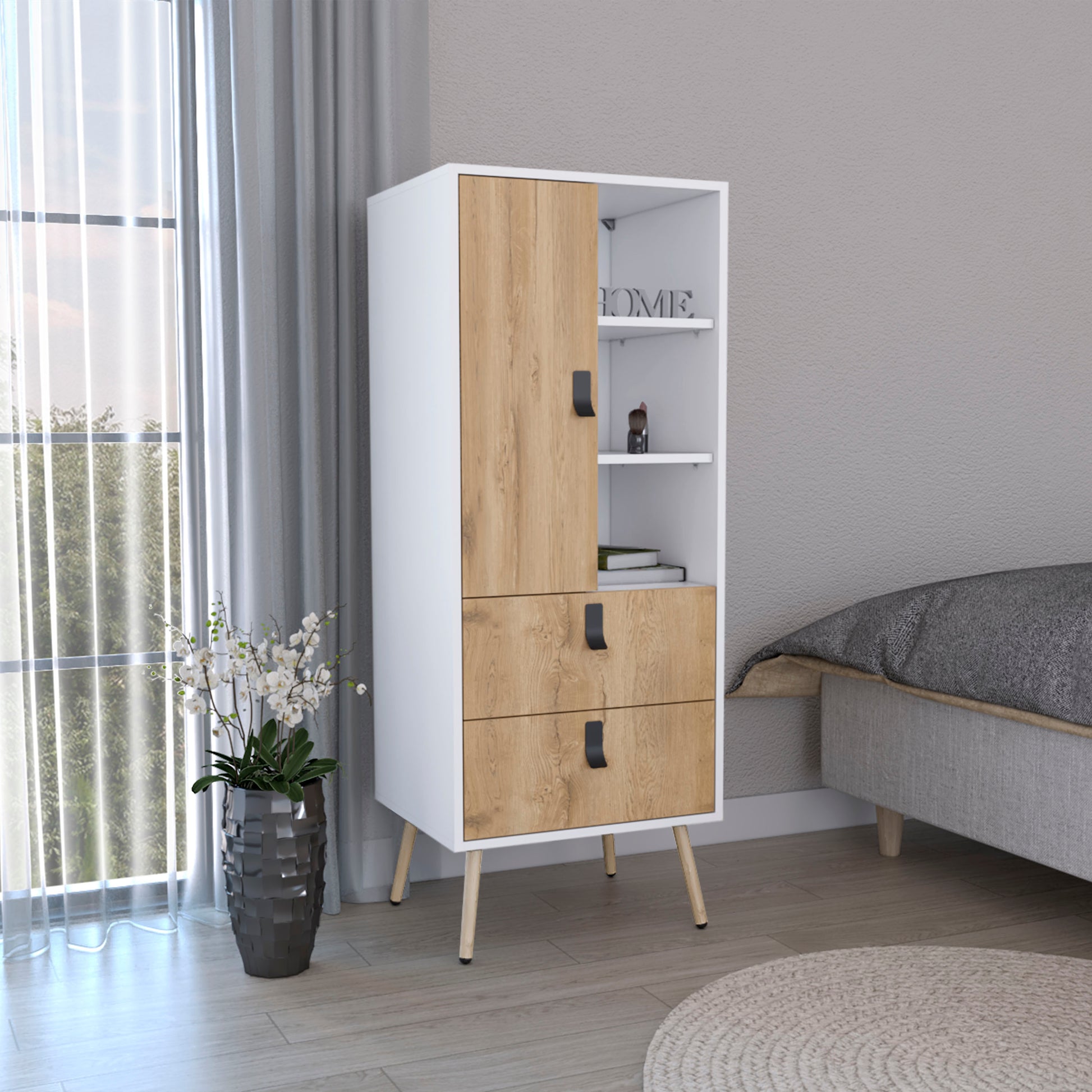 Huna Tall Dresser, Unit with Door, 2 Drawers, and Open Shelves Multicolor Bedroom Modern MDF Engineered Wood Huna Tall Dresser, Unit with Door, 2 Drawers, and Open Shelves Multicolor Bedroom Modern MDF Engineered Wood