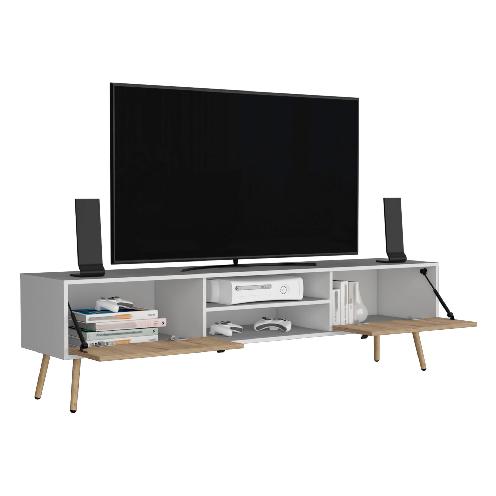 Huna Tv Stand, Dual Tone With Hinged Drawers And Open Shelves Multicolor Primary Living Space 60 69 Inches Modern Mdf Engineered Wood