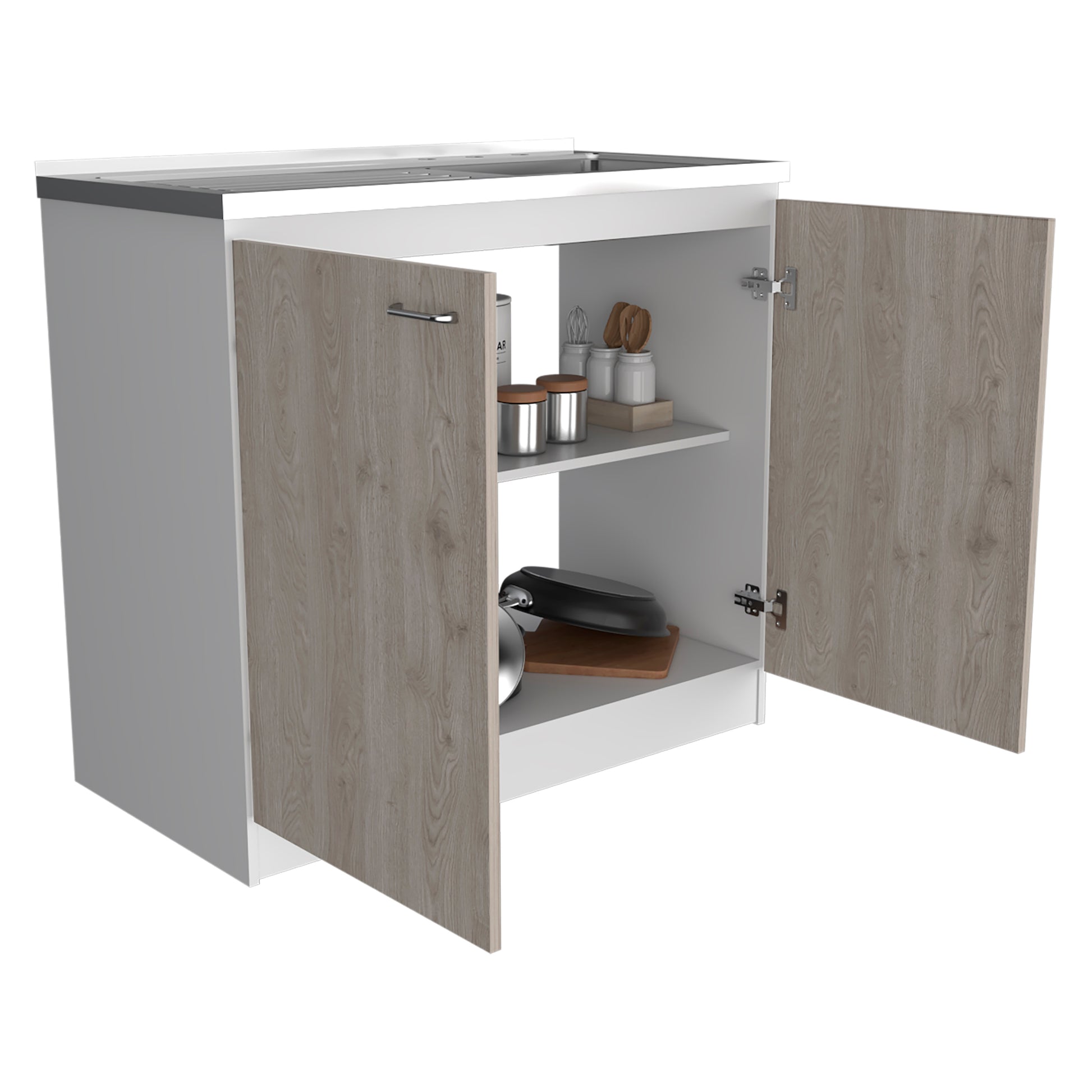 Napoles Utility Sink With Cabinet One Shelf, Double Door Cabinet Smokey Oak Light Gray Multicolor Kitchen Modern Particle Board Particle Board