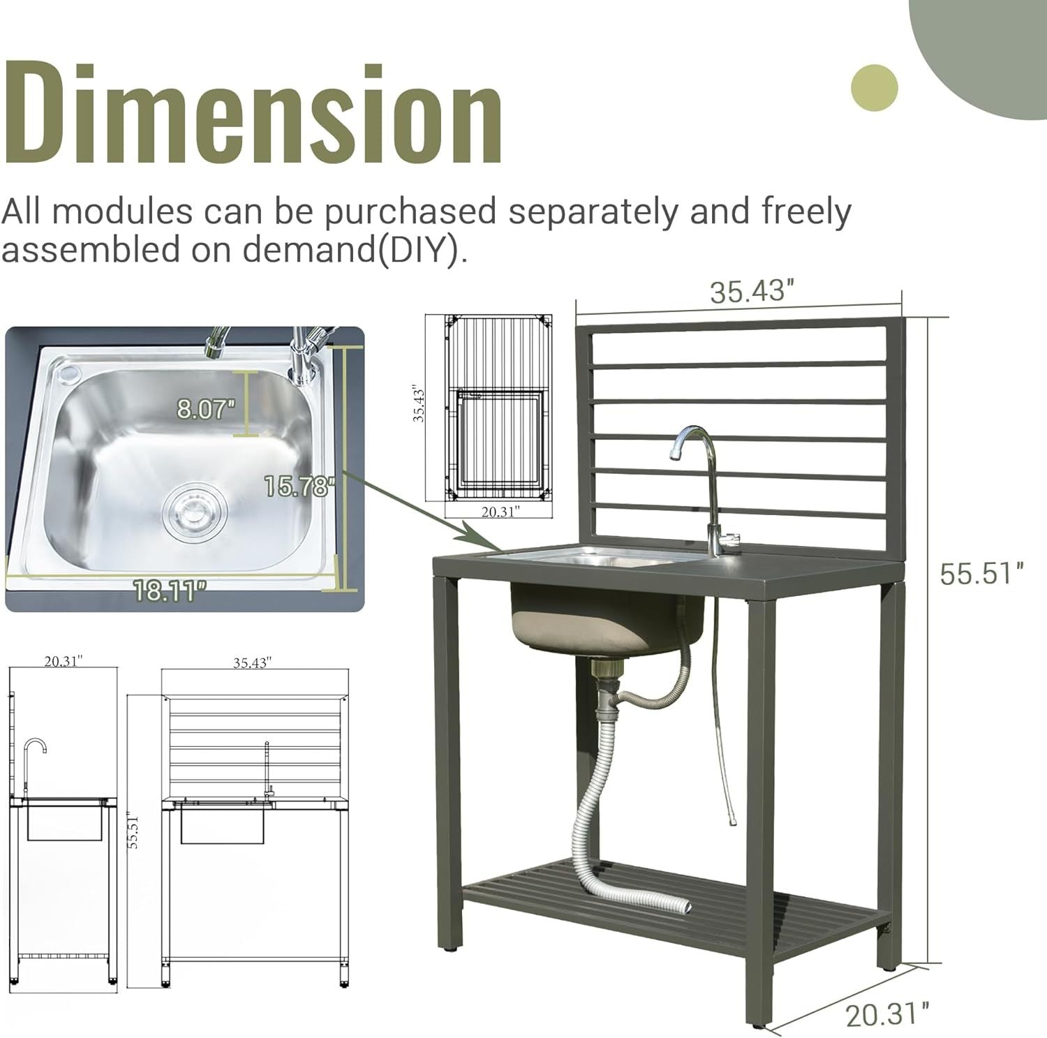 Outdoor Kitchen Island With Storage, Aluminum Kitchen Storage Island Stainless Steel Outdoor Sink W Faucet & Drainboard, Freestanding Storage Shelves With Protective Cover Indoor Outdoor Grey Aluminum