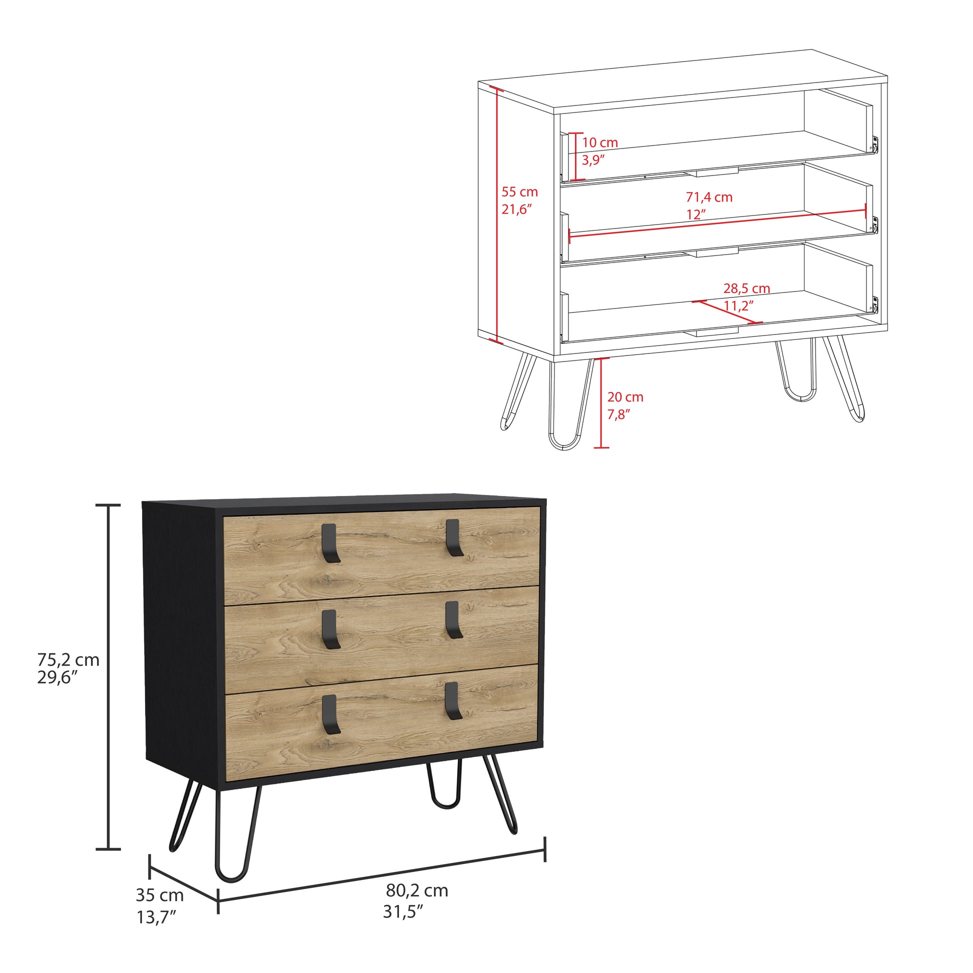 Huna Hairpin Legs Dresser With 3 Drawer Storage Multicolor Bedroom Modern Mdf Engineered Wood