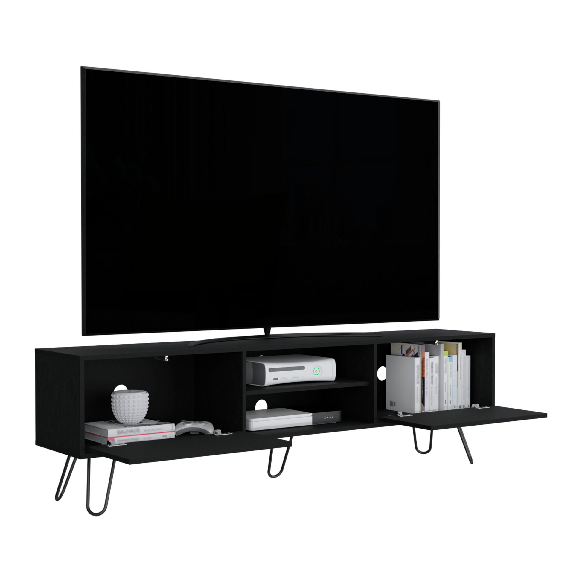 Vassel Tv Stand, Entertainment Unit With Hinged Drawers And Hairpin Legs Black Primary Living Space 50 59 Inches Modern Mdf Engineered Wood