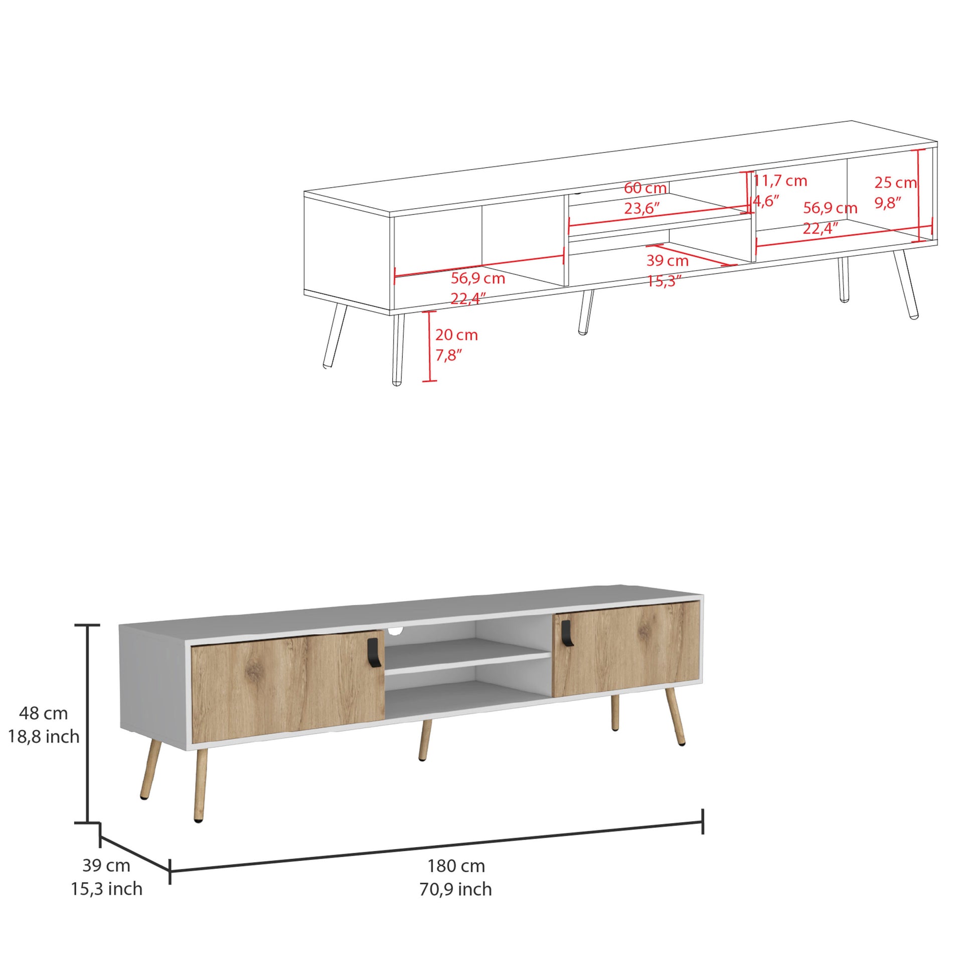 Huna Tv Stand, Dual Tone With Hinged Drawers And Open Shelves Multicolor Primary Living Space 60 69 Inches Modern Mdf Engineered Wood