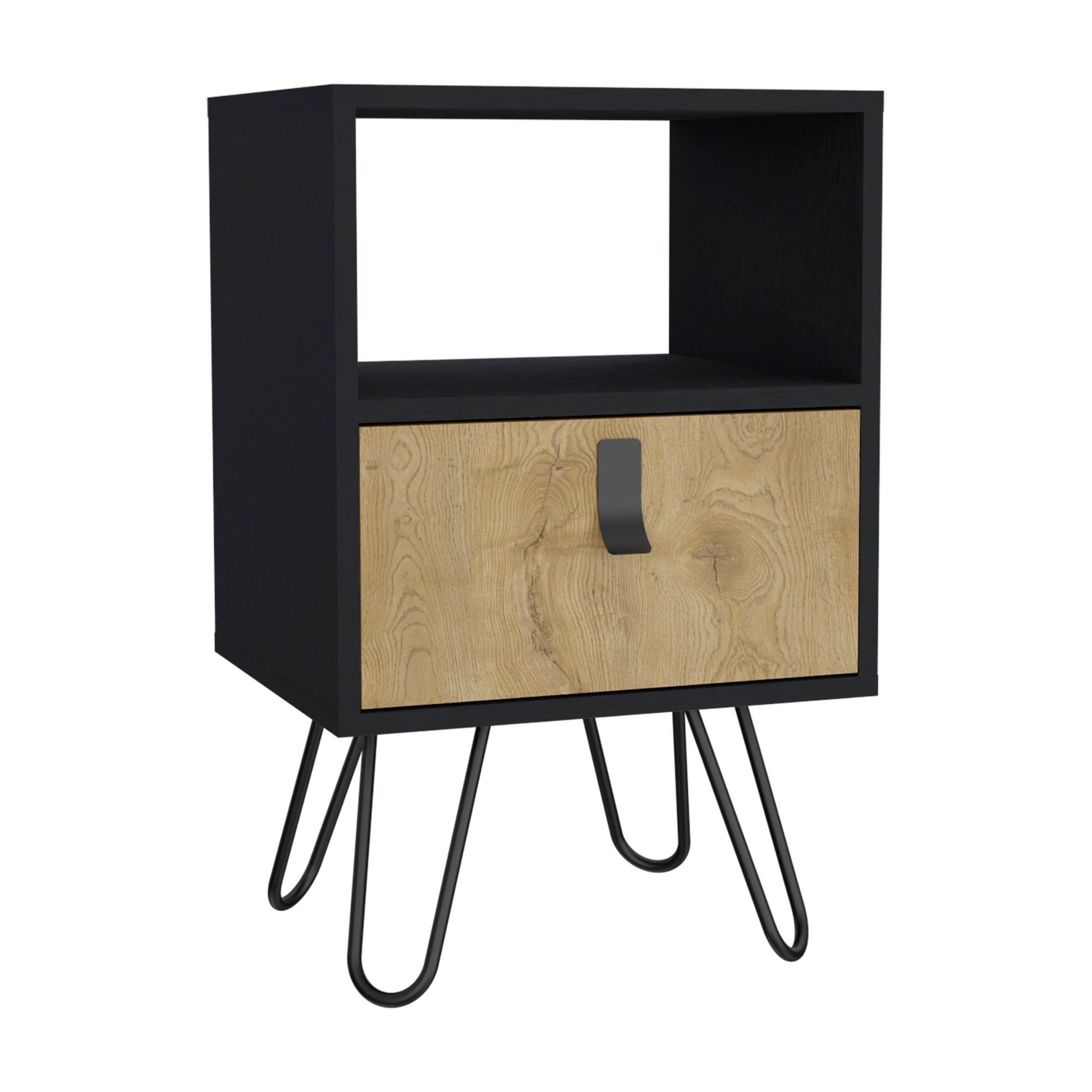 Huna Nightstand, Stylish Storage With Hairpin Leg, Open Shelf And Drawer Multicolor 1 Drawer Bedroom Rectangle Modern Drawers Mdf Engineered Wood