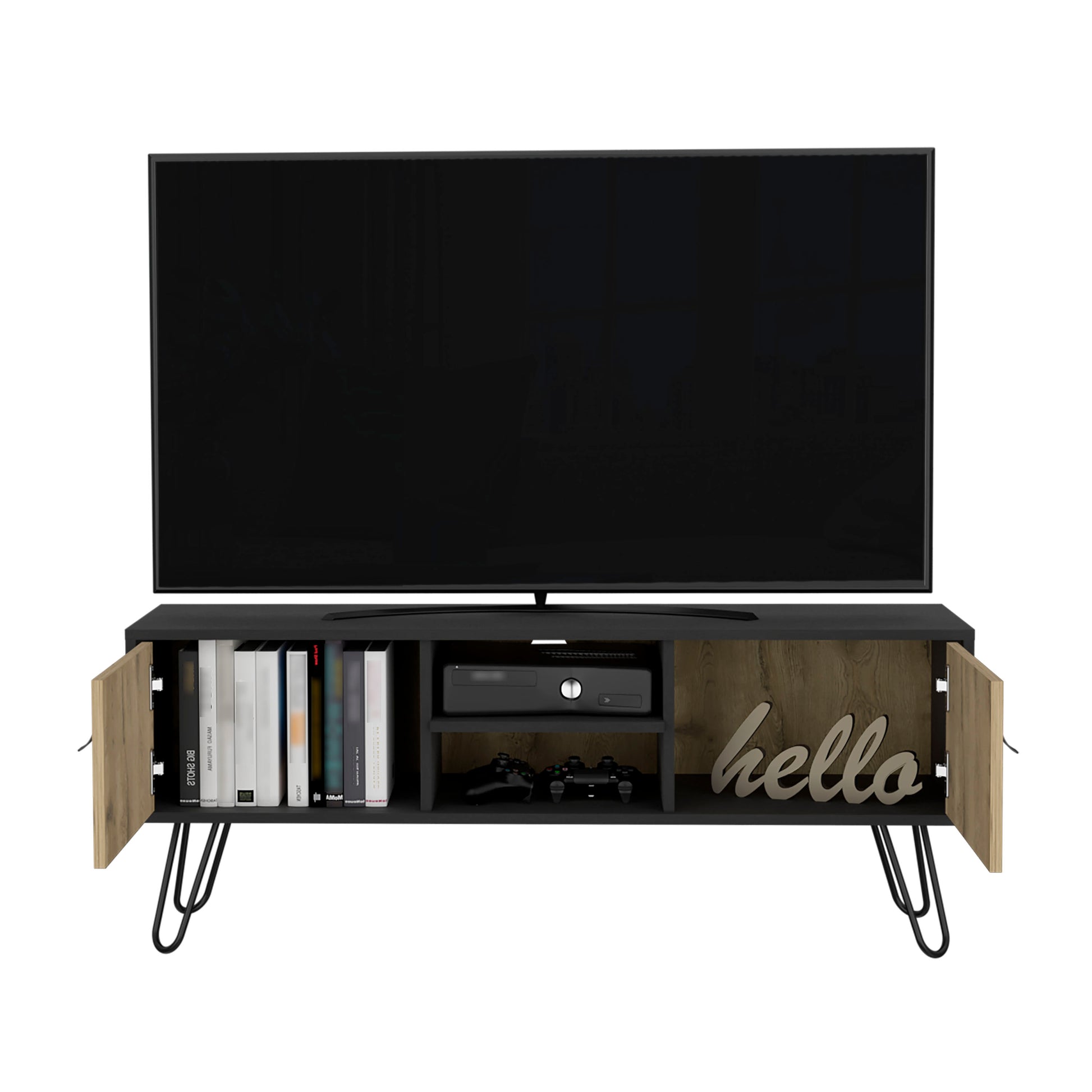 Huna Hairpin Legs Tv Stand, Dual Tone With 2 Doors And Open Shelves Multicolor Primary Living Space 50 59 Inches Modern Mdf Engineered Wood