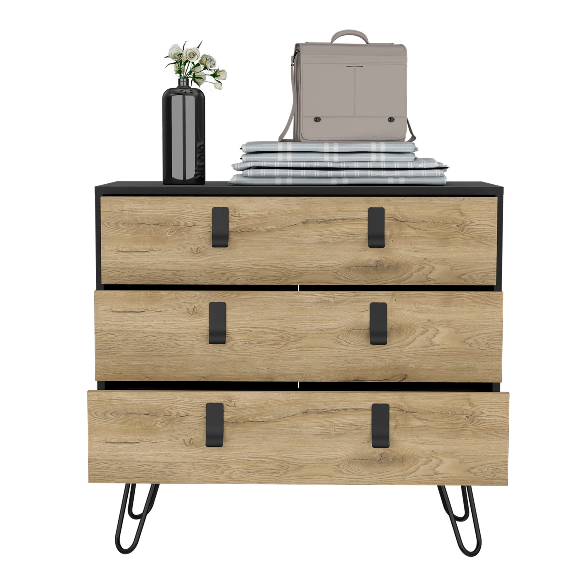 Huna Hairpin Legs Dresser With 3 Drawer Storage Multicolor Bedroom Modern Mdf Engineered Wood