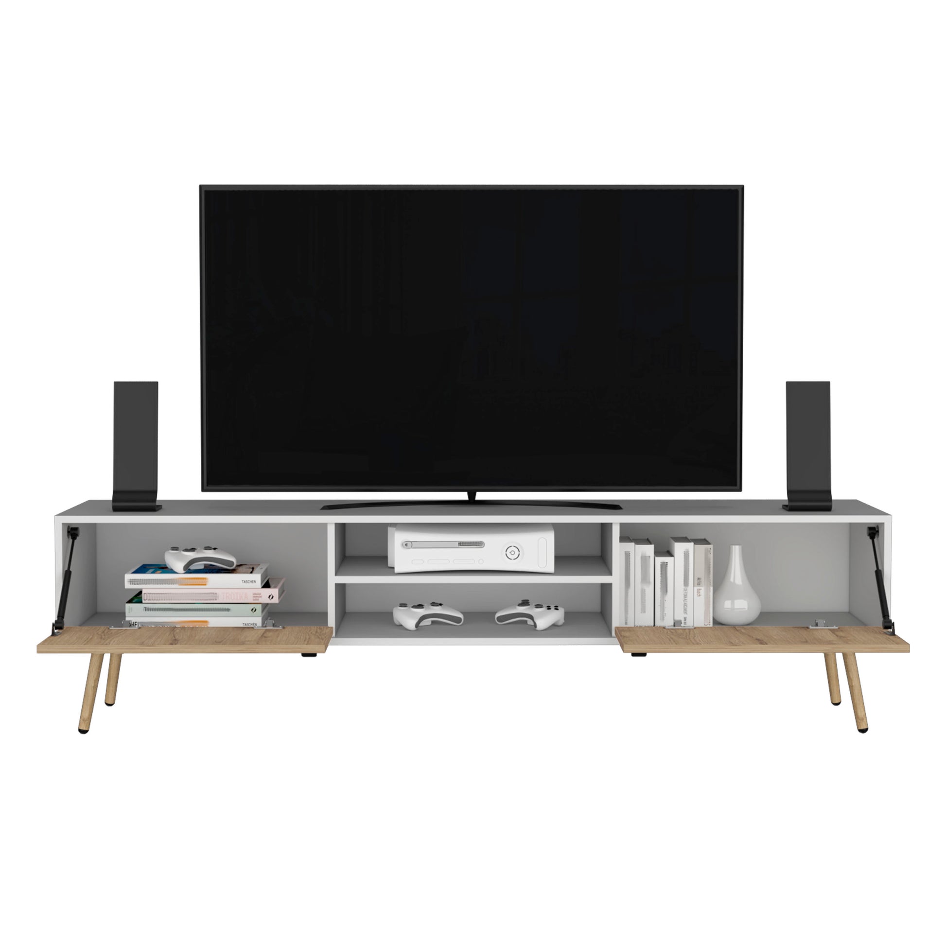 Huna Tv Stand, Dual Tone With Hinged Drawers And Open Shelves Multicolor Primary Living Space 60 69 Inches Modern Mdf Engineered Wood