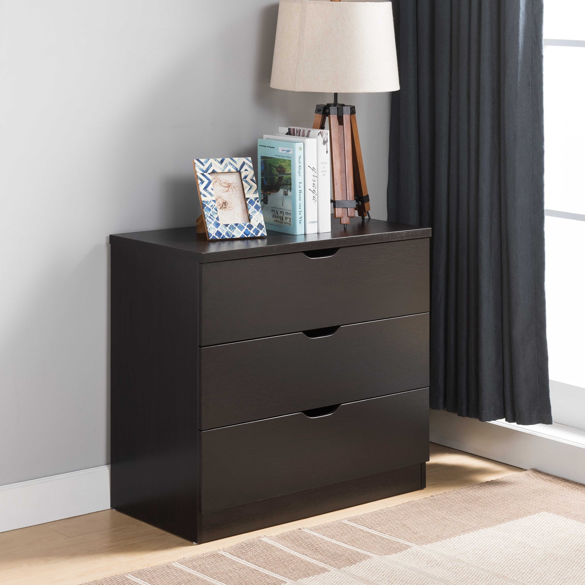 Modern Dark Chocolate Three Drawer Chest And Clothes Storage Cabinet With Metal Drawer Glides Espresso Particle Board Mdf