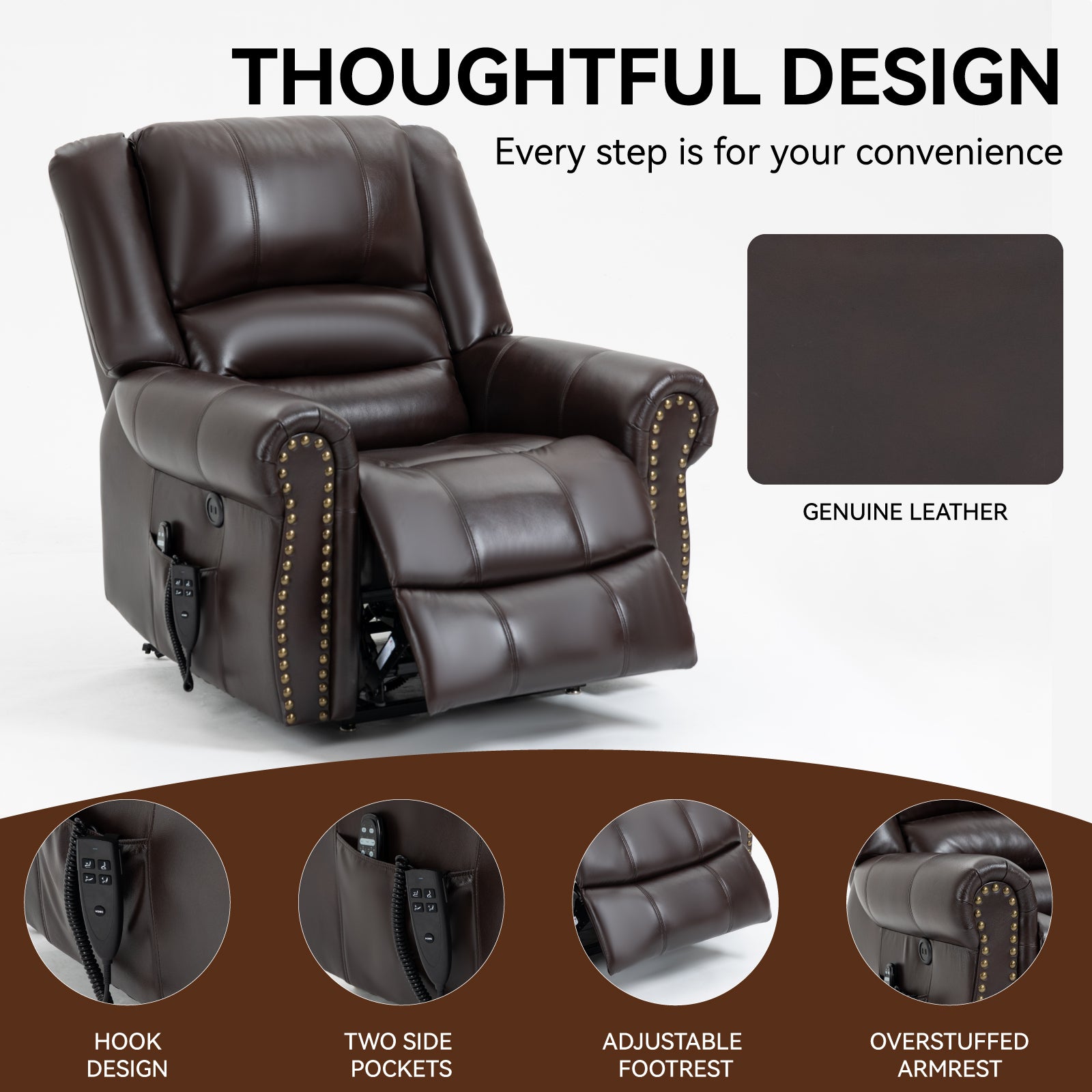 Power Lift Recliner Chair Heat Massage Dual Motor Infinite Position Up To 350 Lbs, Faux Leather, Heavy Duty Motion Mechanism With Usb Ports, Brown White Metal Primary Living Space Heavy Duty Pine Antique Brown Faux Leather Power Remote Medium Firm Pillow
