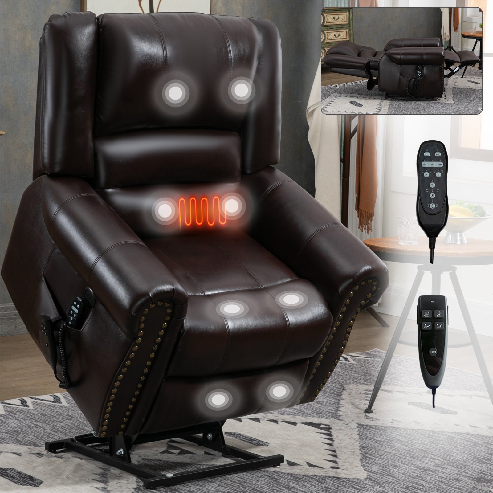 Power Lift Recliner Chair Heat Massage Dual Motor Infinite Position Up To 350 Lbs, Faux Leather, Heavy Duty Motion Mechanism With Usb Ports, Brown White Metal Primary Living Space Heavy Duty Pine Antique Brown Faux Leather Power Remote Medium Firm Pillow