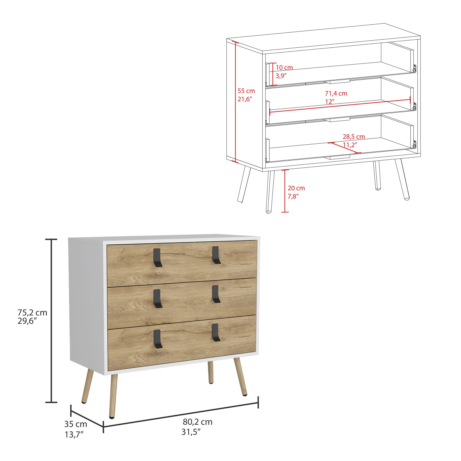 Huna Dresser, Modern 3 Drawer Unit With Handles Multicolor Bedroom Modern Mdf Engineered Wood