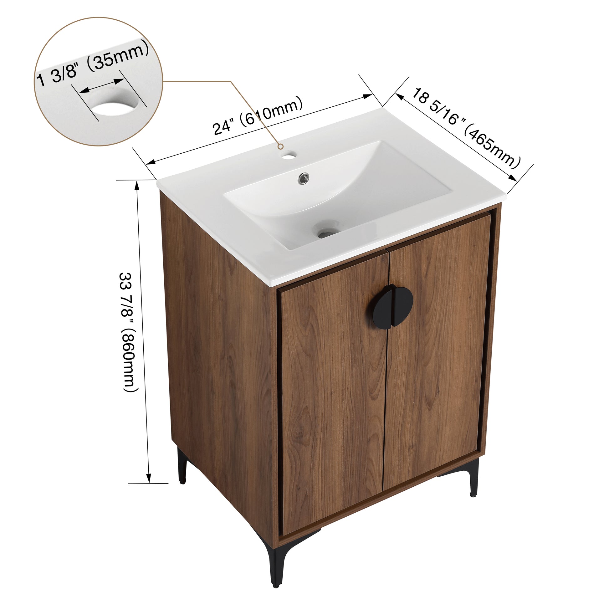 24'' Bathroom Vanity With Top Sink, Modern Bathroom Storage Cabinet With 2 Soft Closing Doors, Single Sink Bathroom Vanity Brown Bathroom American Design Ceramic Engineered Wood