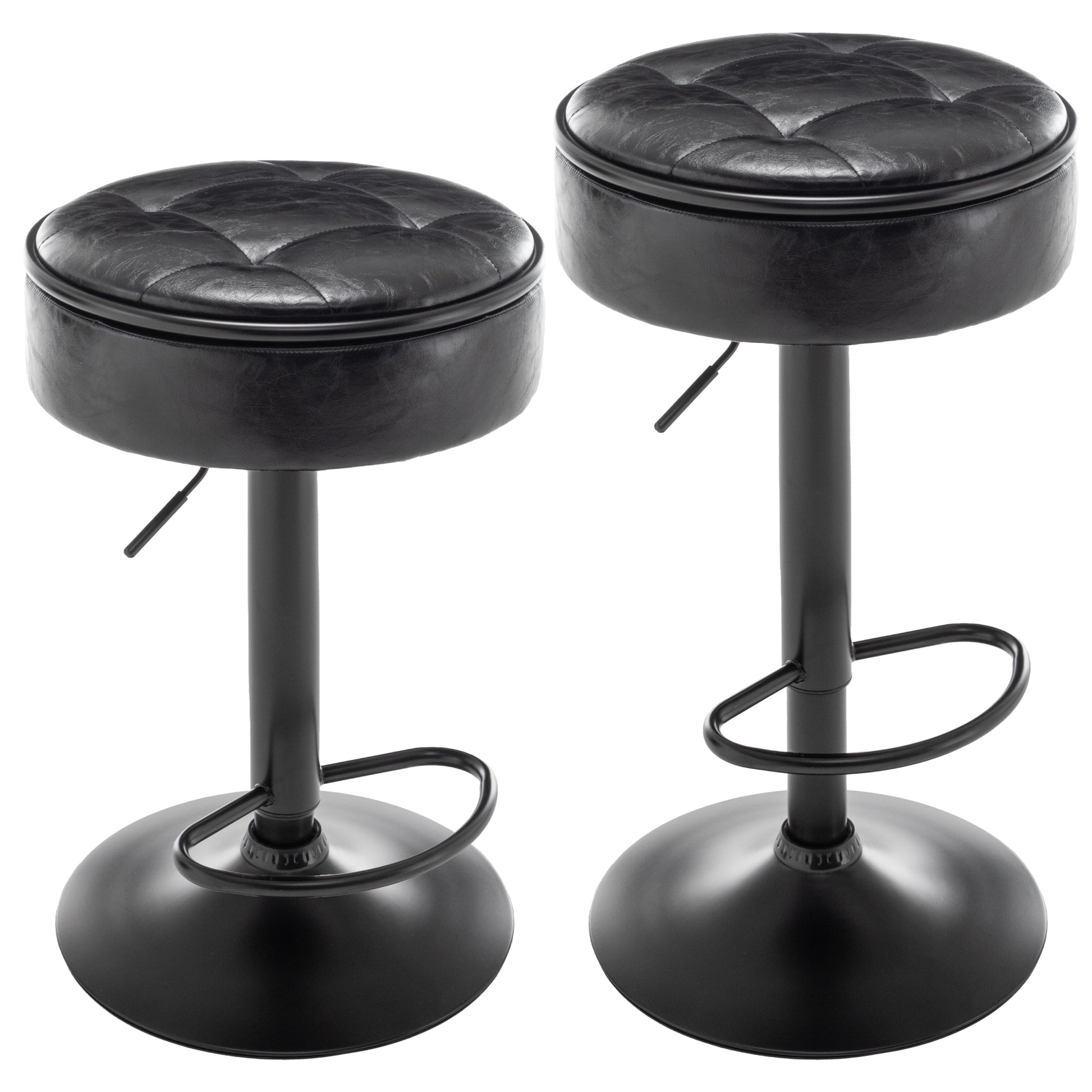 Round Storage Bar Stool Set Of 2, Black Faux Leather Height Adjustable Barstool, 360 Counter Height Swivel Stool, Armless Bar Chair With Metal Frame For Kitchen Counter Dining Living Room Black Set Of 2 Foam Pu Leather