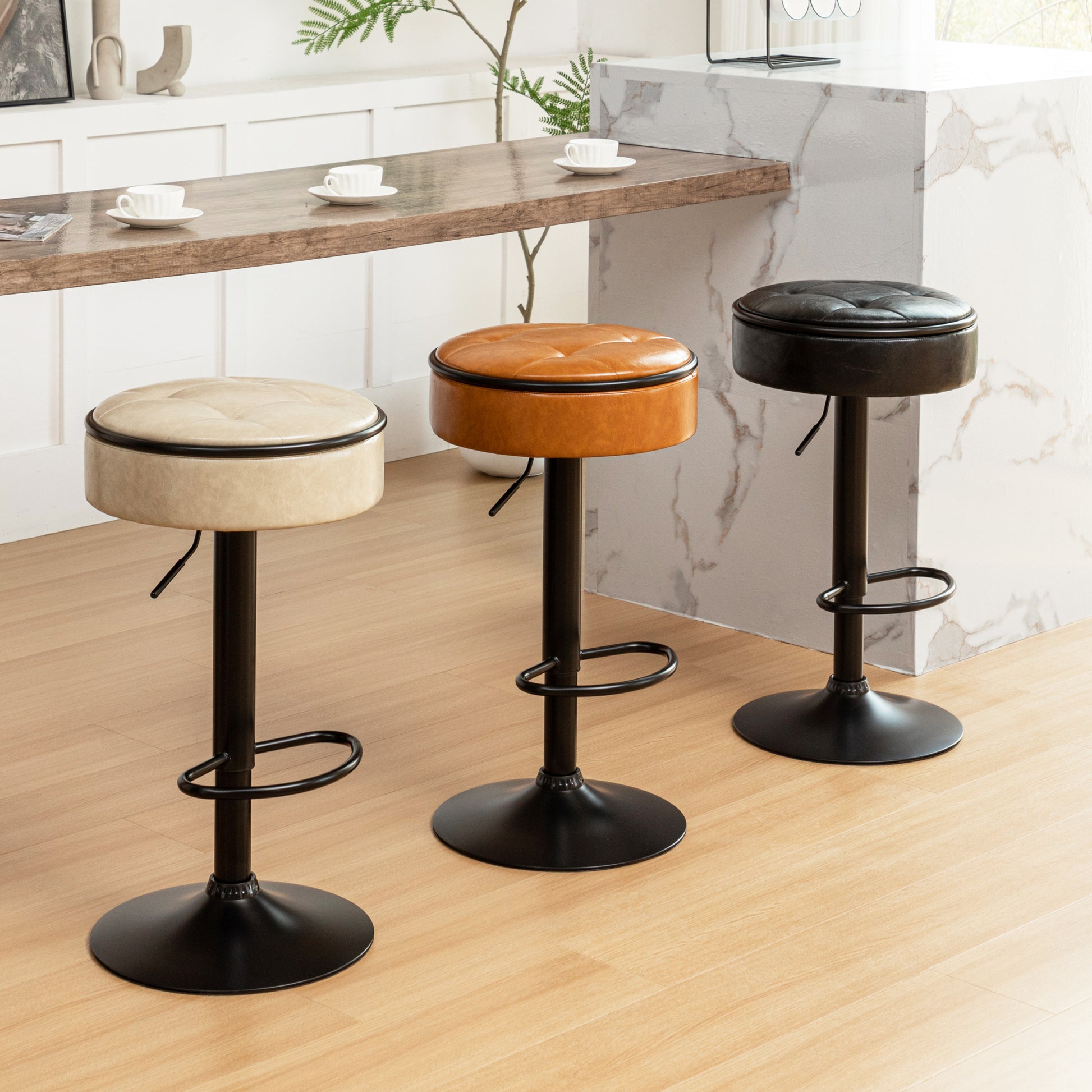 Round Storage Bar Stool Set Of 2, Black Faux