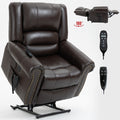 Power Lift Recliner Chair Heat Massage Dual Motor Infinite Position Up To 350 Lbs, Genuine Leather, Heavy Duty Motion Mechanism With Usb Ports, Brown White Metal Primary Living Space Heavy Duty Pine Brown Genuine Leather Power Remote Medium Firm Pillow