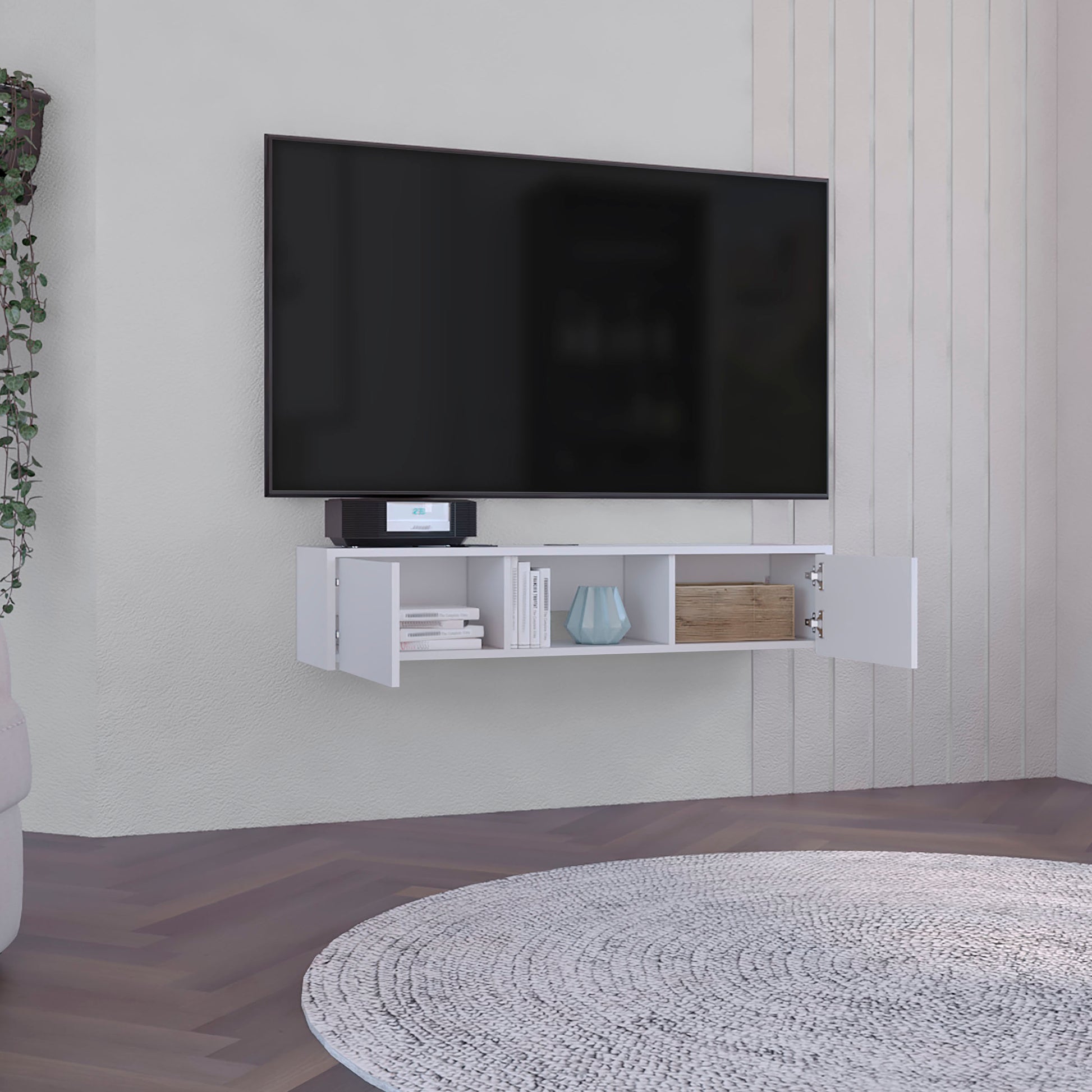 Glen Floating Tv Stand With Side Doors And Central Media Shelf White Primary Living Space 50 59 Inches Modern Mdf Engineered Wood