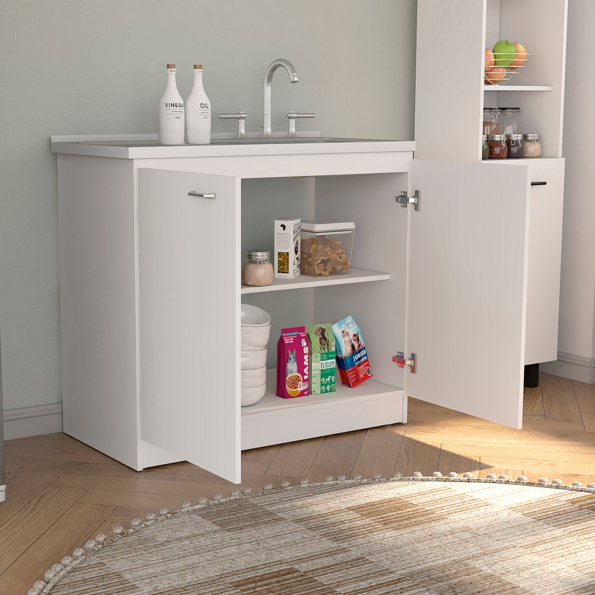 Napoles Utility Sink With Cabinet, Double Door, One Shelf White Freestanding White Shelves Included Modern Particle Board Particle Board