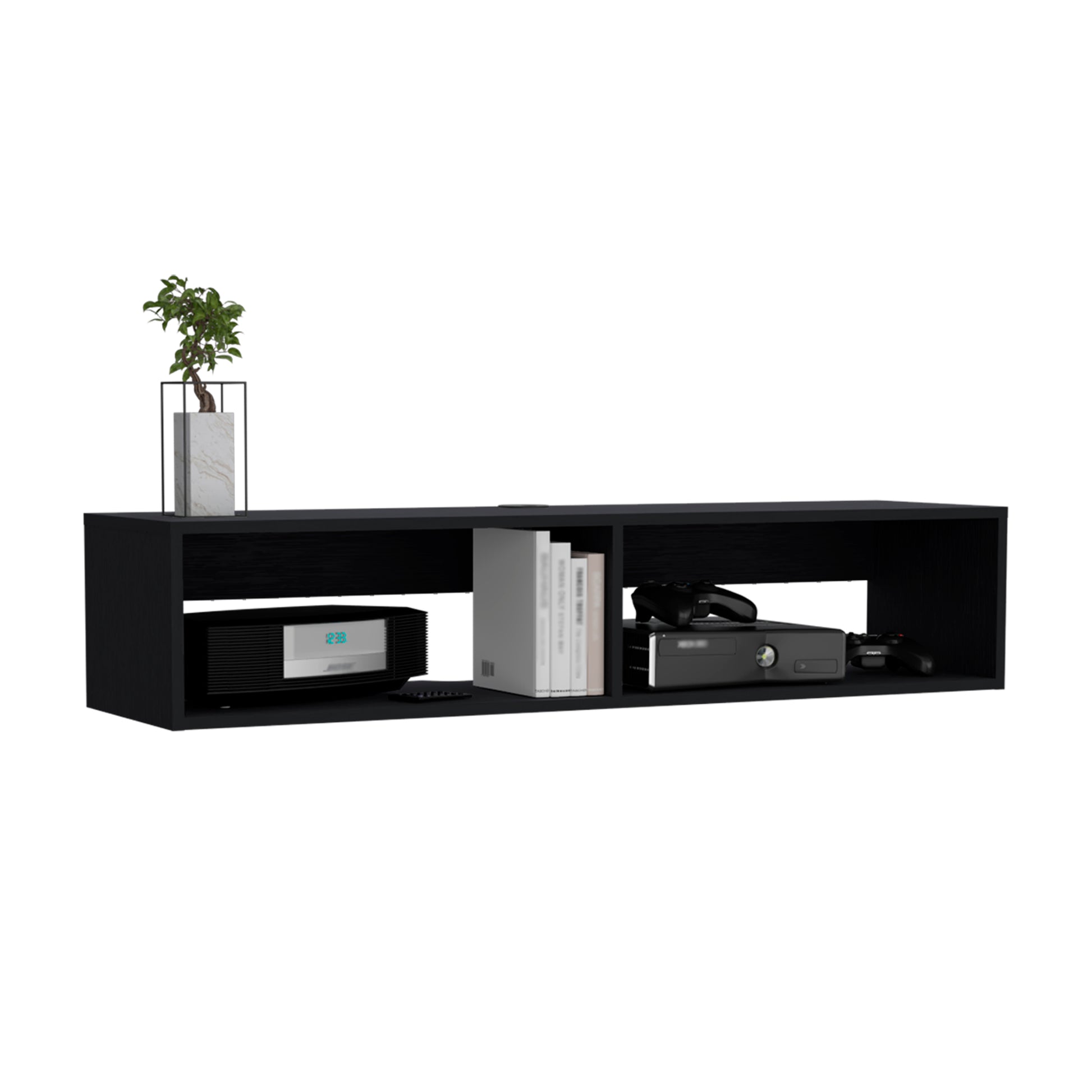 Rockwood Floating Tv Stand With Open Storage Shelves And Cable Management Black Primary Living Space 50 59 Inches Modern Mdf Engineered Wood