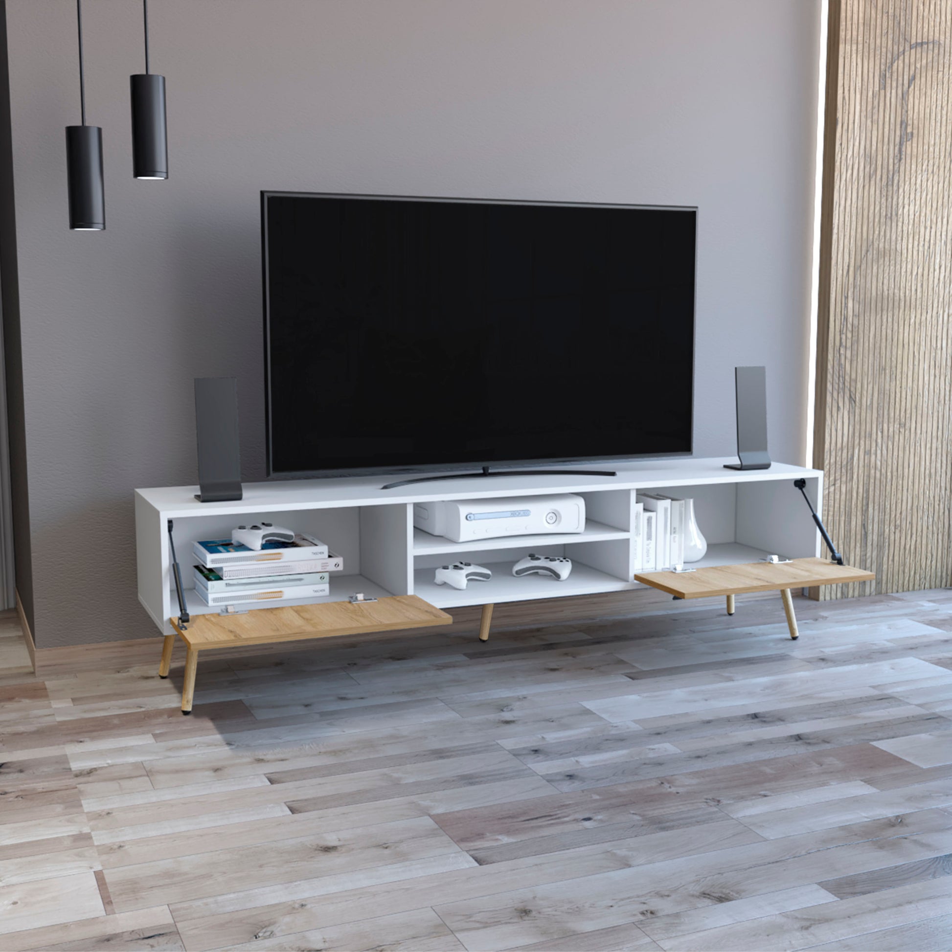 Huna Tv Stand, Dual Tone With Hinged Drawers And Open Shelves Multicolor Primary Living Space 60 69 Inches Modern Mdf Engineered Wood