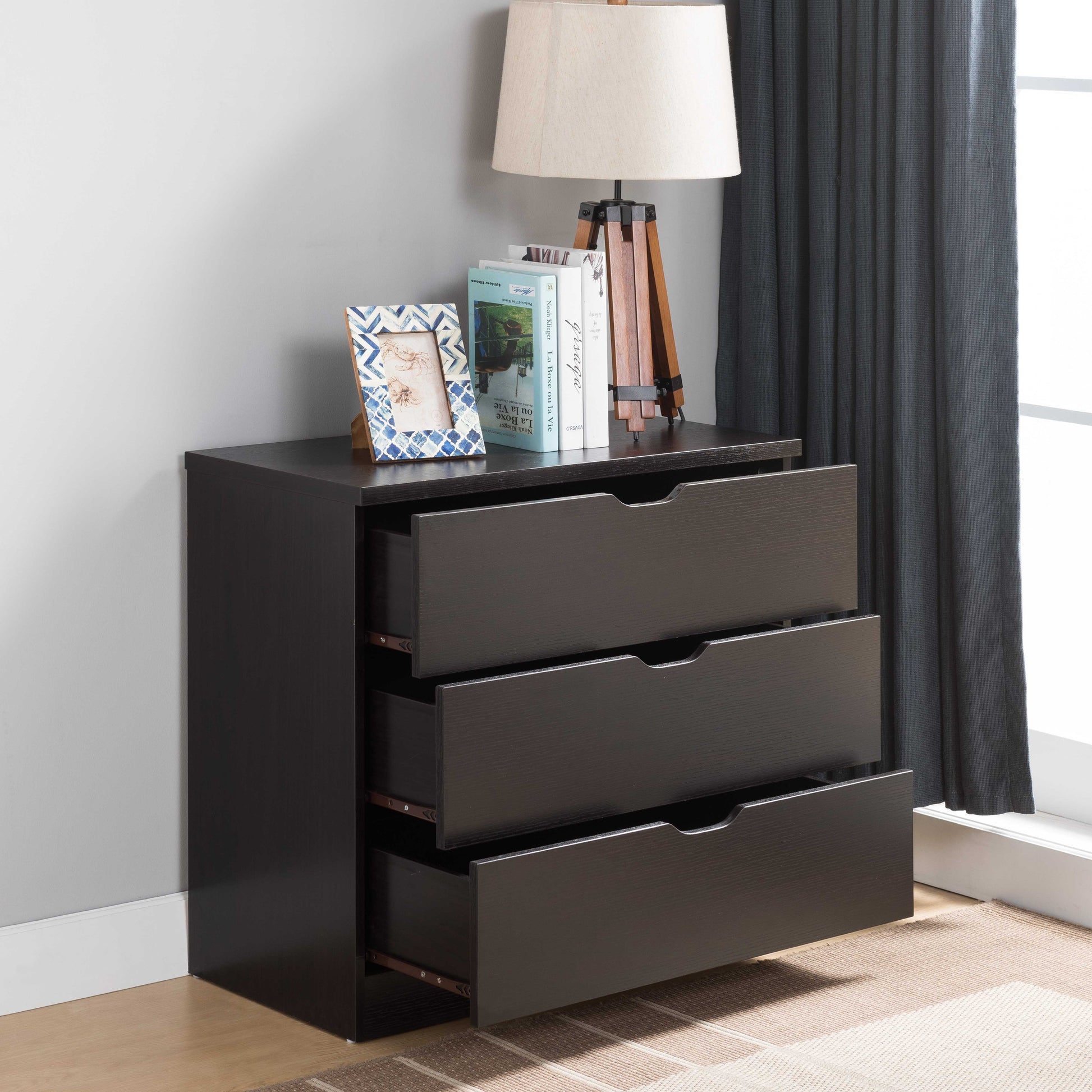 Modern Dark Chocolate Three Drawer Chest And Clothes Storage Cabinet With Metal Drawer Glides Espresso Particle Board Mdf