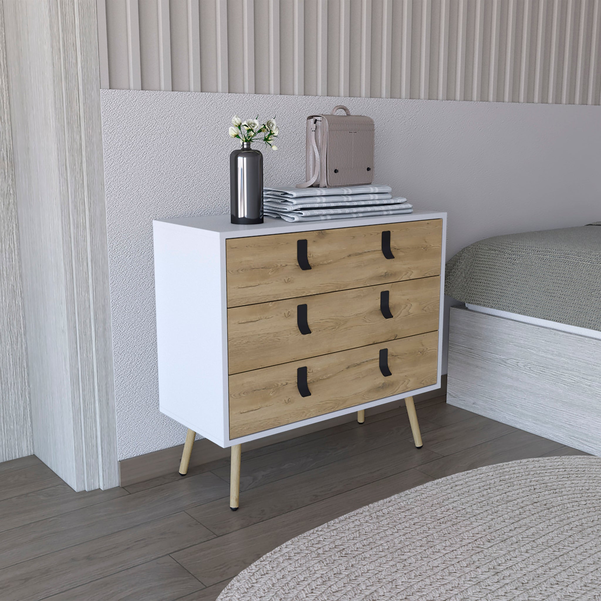 Huna Dresser, Modern 3 Drawer Unit With Handles Multicolor Bedroom Modern Mdf Engineered Wood