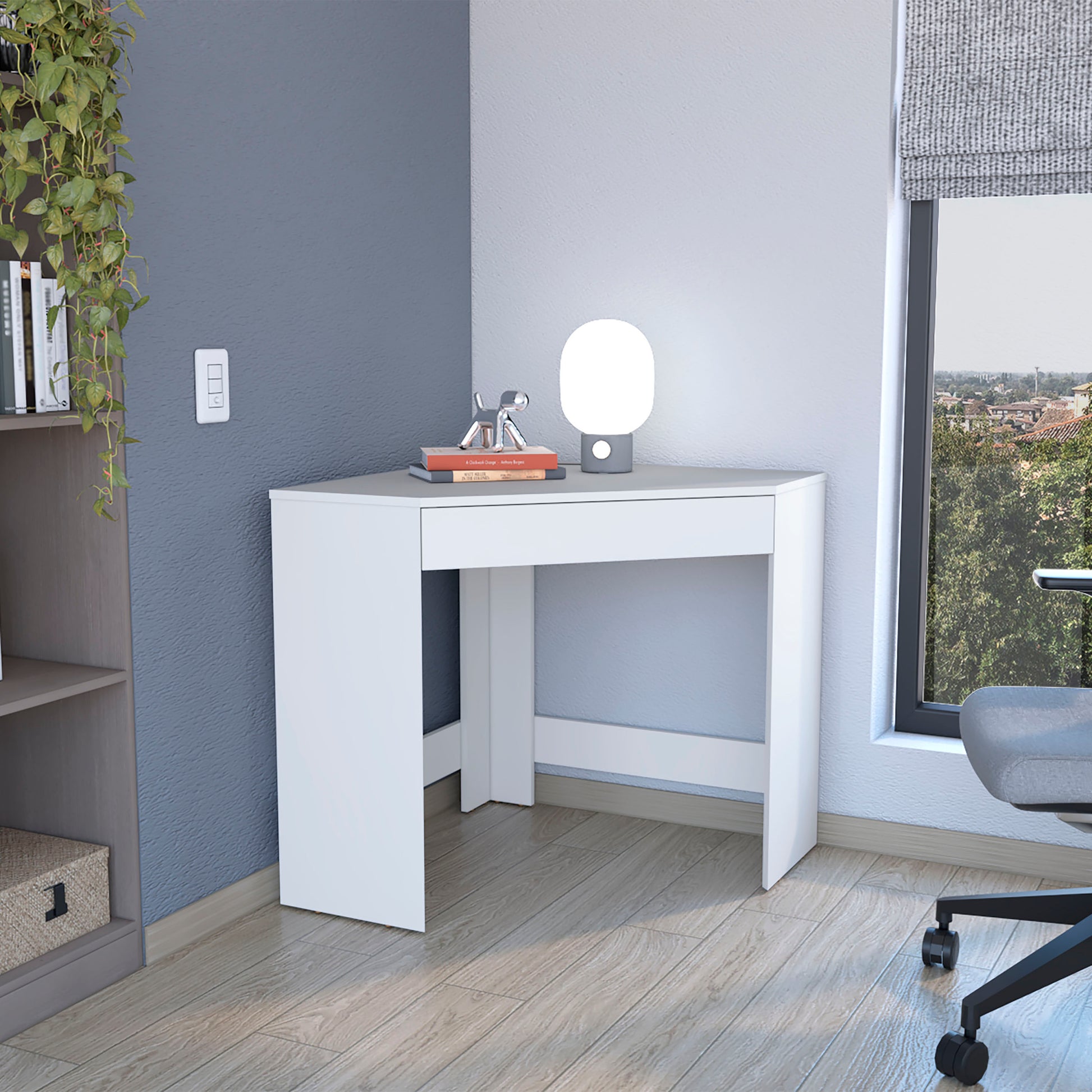 Amity Corner Desk With Spacious Drawer And Optimal Workstation White Computer Desk Office Modern Freestanding Corner Shelves Desk Rectangular Mdf Engineered Wood