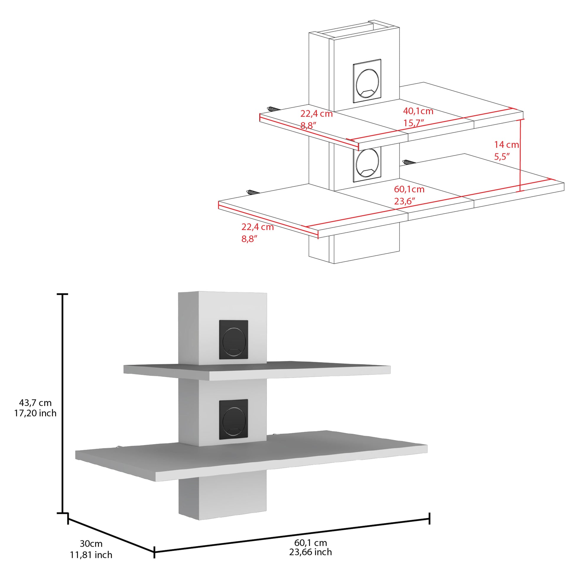 Burgos Floating Shelf, 2 Tier Shelf Wall Unit With Cable Management White Primary Living Space 50 59 Inches Modern Mdf Engineered Wood