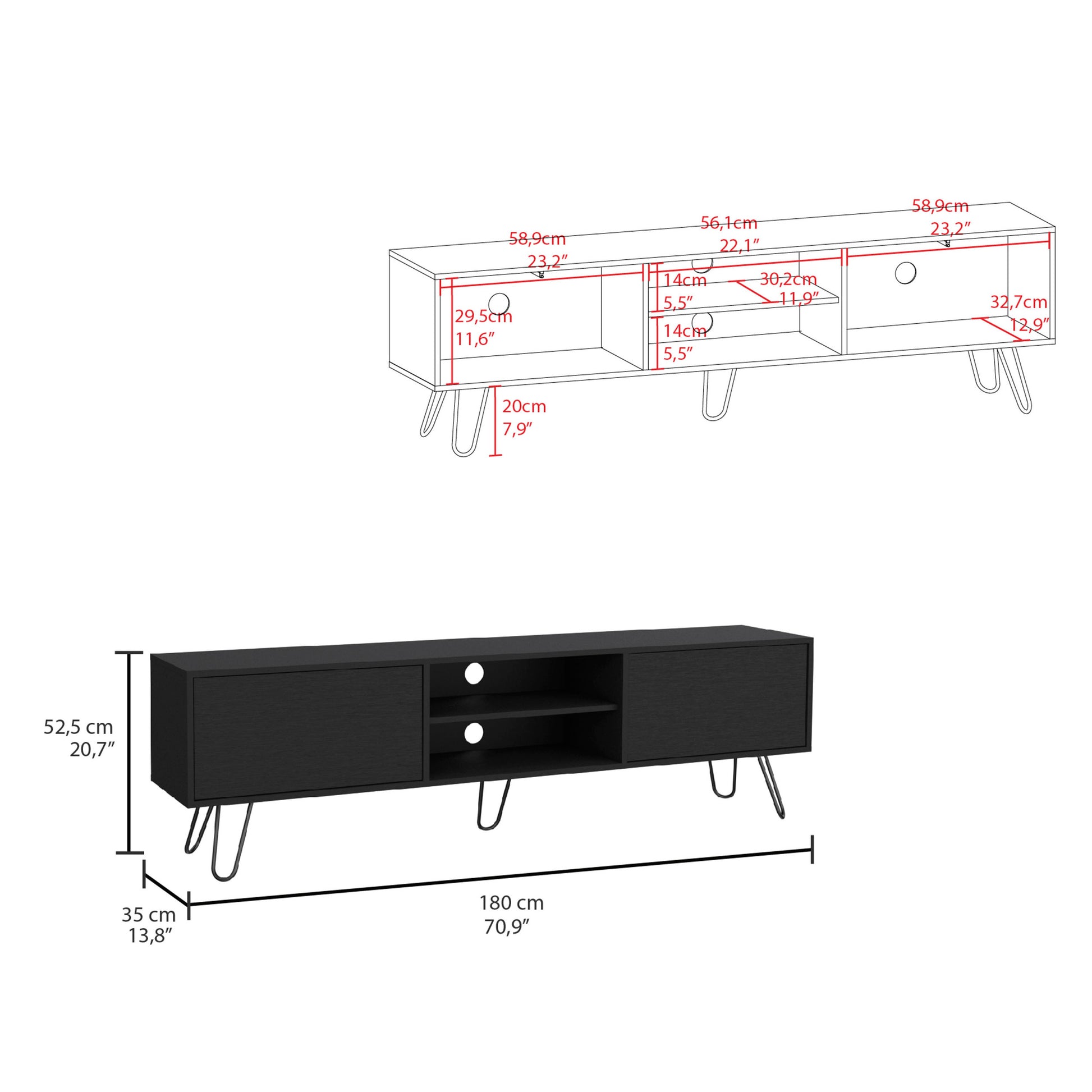 Vassel Tv Stand, Entertainment Unit With Hinged Drawers And Hairpin Legs Black Primary Living Space 50 59 Inches Modern Mdf Engineered Wood