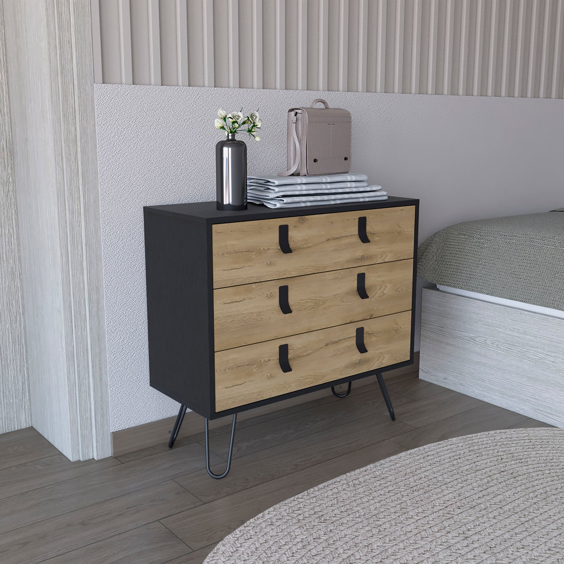 Huna Hairpin Legs Dresser With 3 Drawer Storage Multicolor Bedroom Modern Mdf Engineered Wood