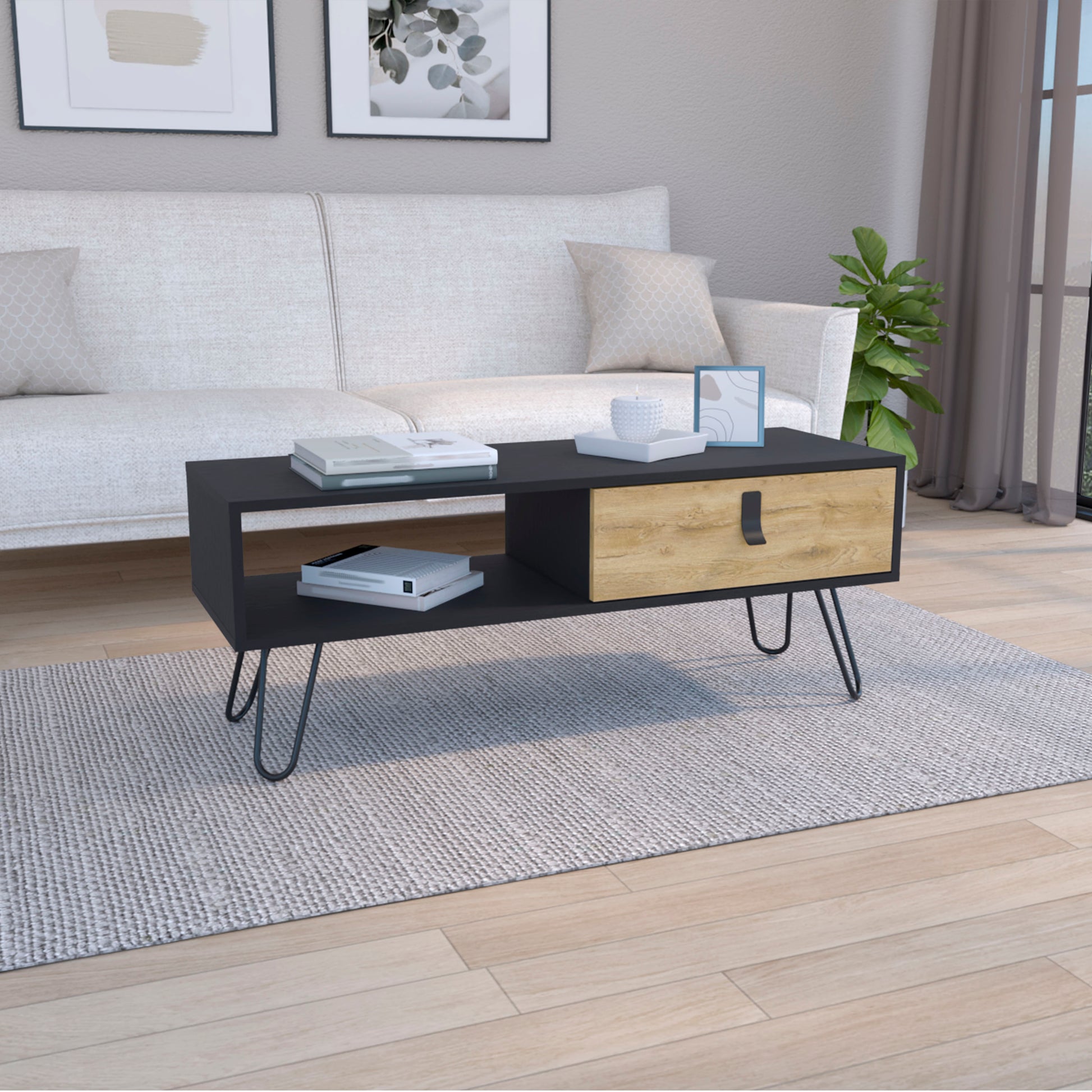 Huna Coffee Table With Hairpin Legs And Large Storage Drawer Multicolor Desk Top Primary Living Space Modern Manual Rectangular Shelves Coffee & End Tables Rectangular Mdf Engineered Wood
