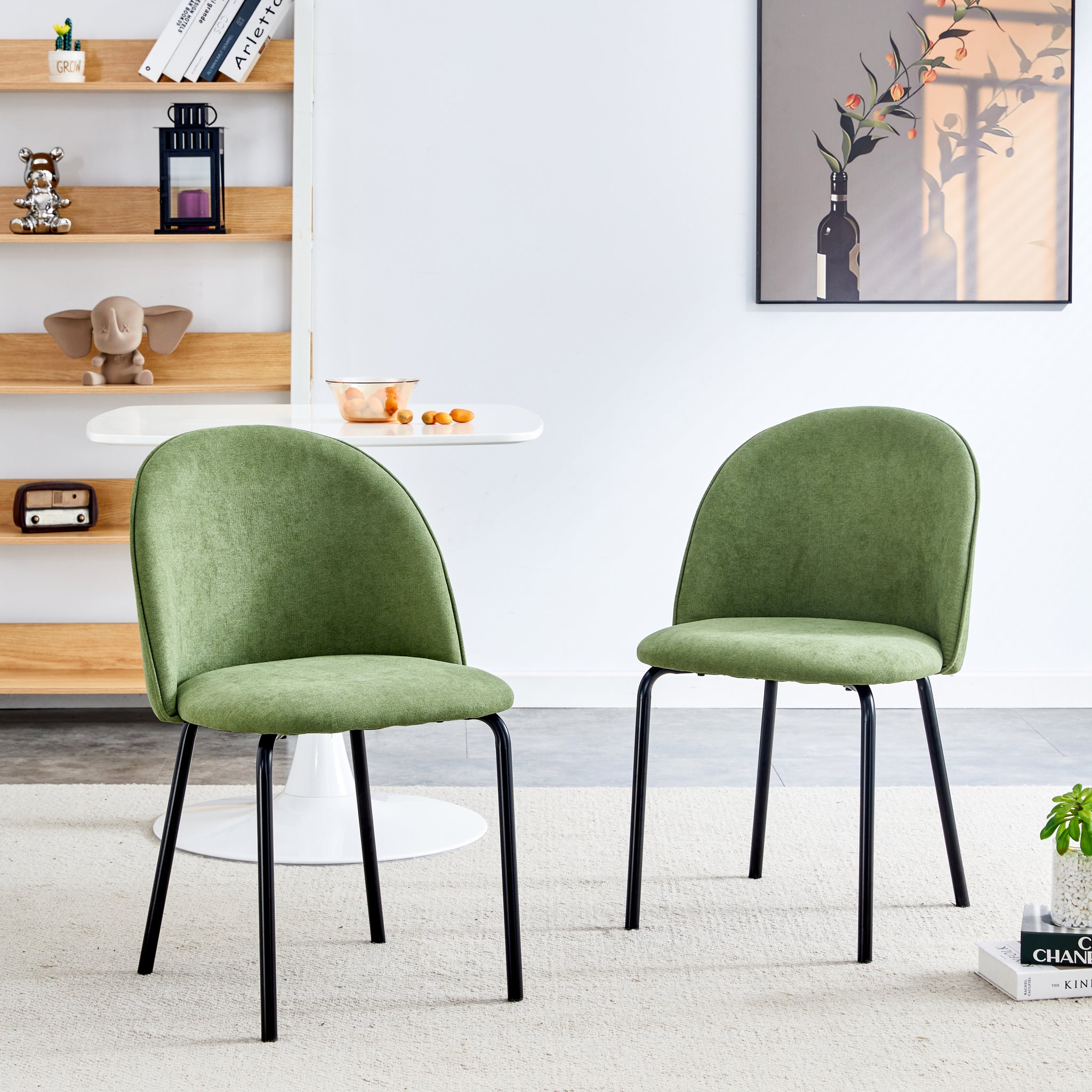 Green Modern Chair Set Of 2 With Iron Tube Legs, Soft Cushions And Comfortable Backrest, Suitable For Dining Room, Living Room, Cafe,Hairball Back Soft Green Fabric