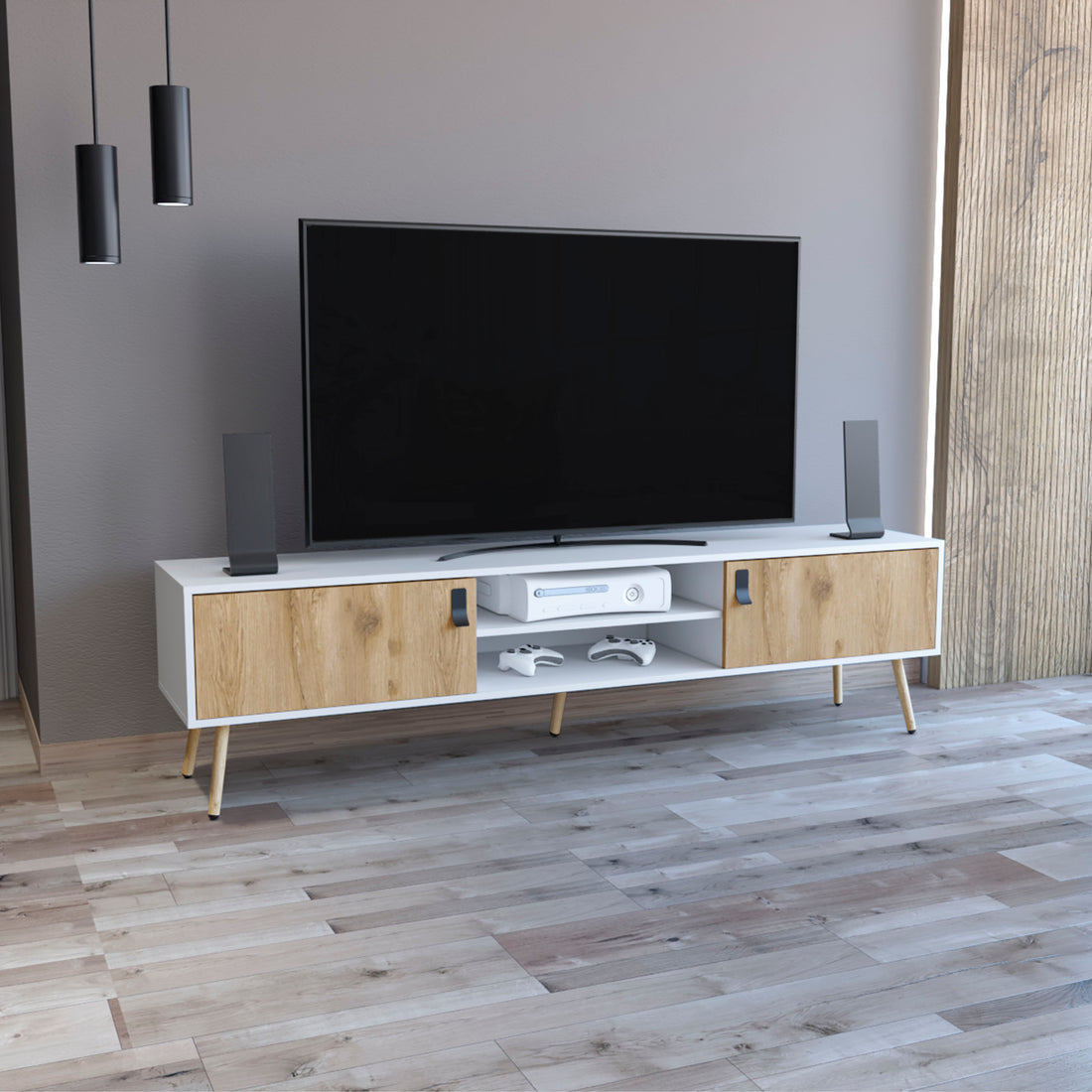 Huna Tv Stand, Dual Tone With Hinged Drawers And Open Shelves Multicolor Primary Living Space 60 69 Inches Modern Mdf Engineered Wood